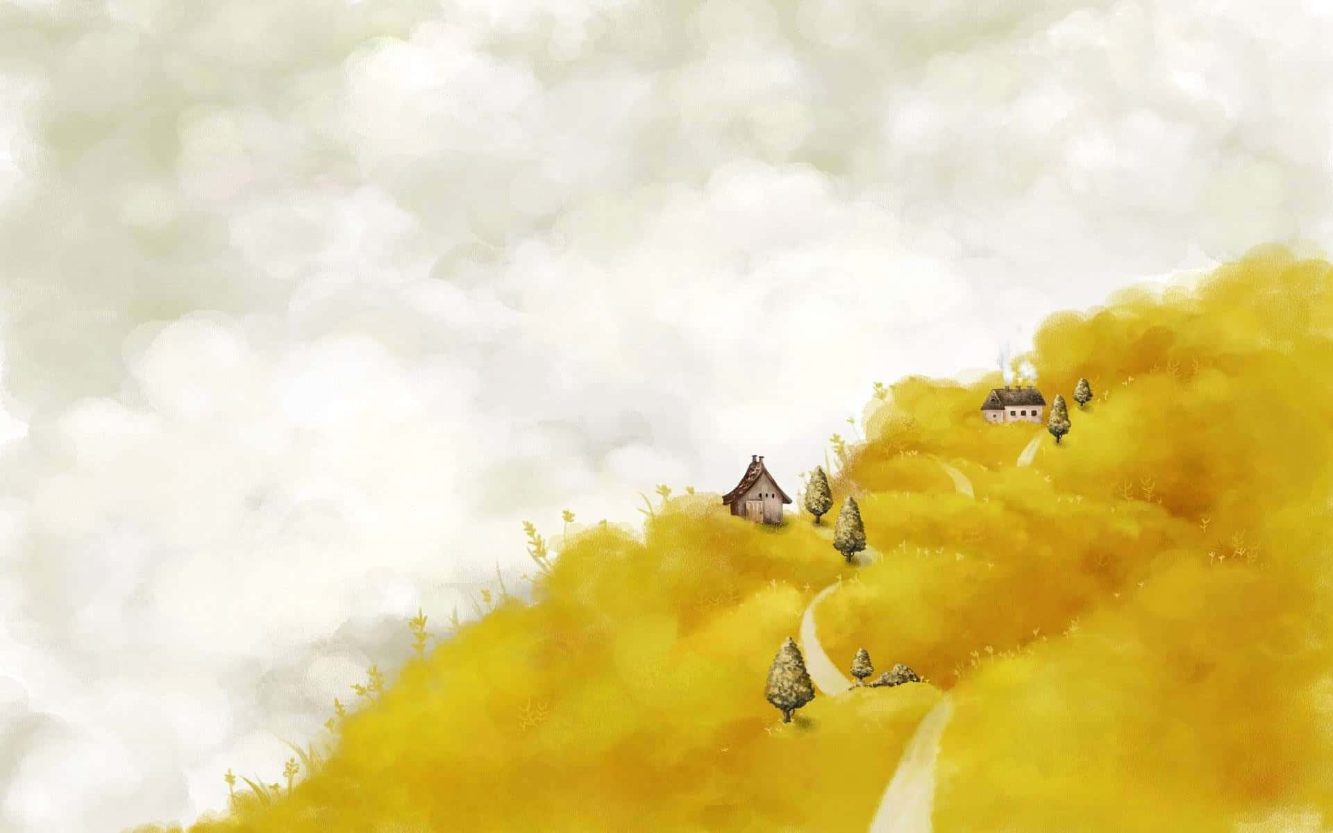 Yellow Painting 桌布 壁紙 — 一條蜿蜒的小路爬上金色的小山丘，點綴著小房子和樹木，天空柔和多雲。