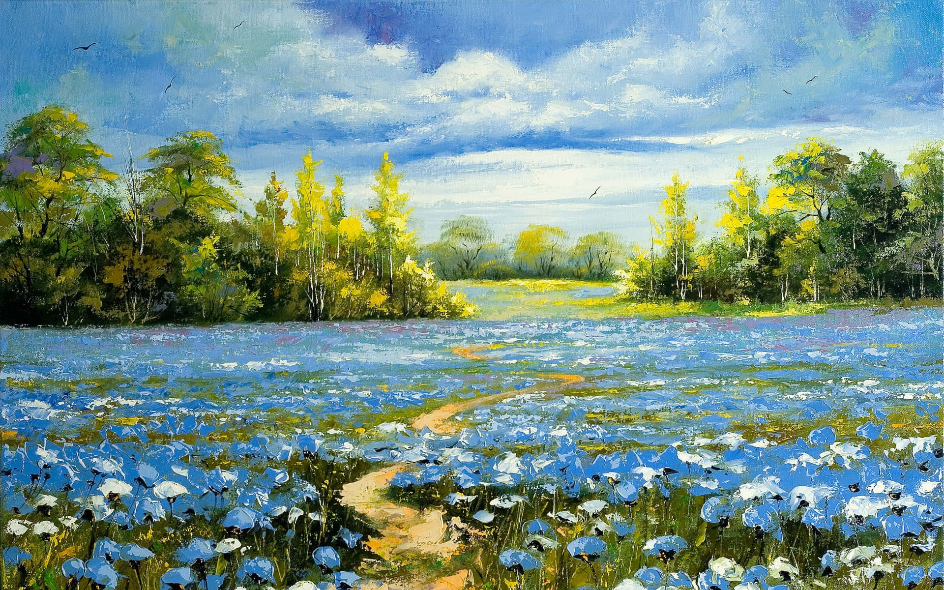 Painting 桌布 壁紙 — 一條蜿蜒的小路穿過一片充滿活力的藍白花田，上方是動態的藍天，有蓬鬆的雲朵和遠處的樹木。