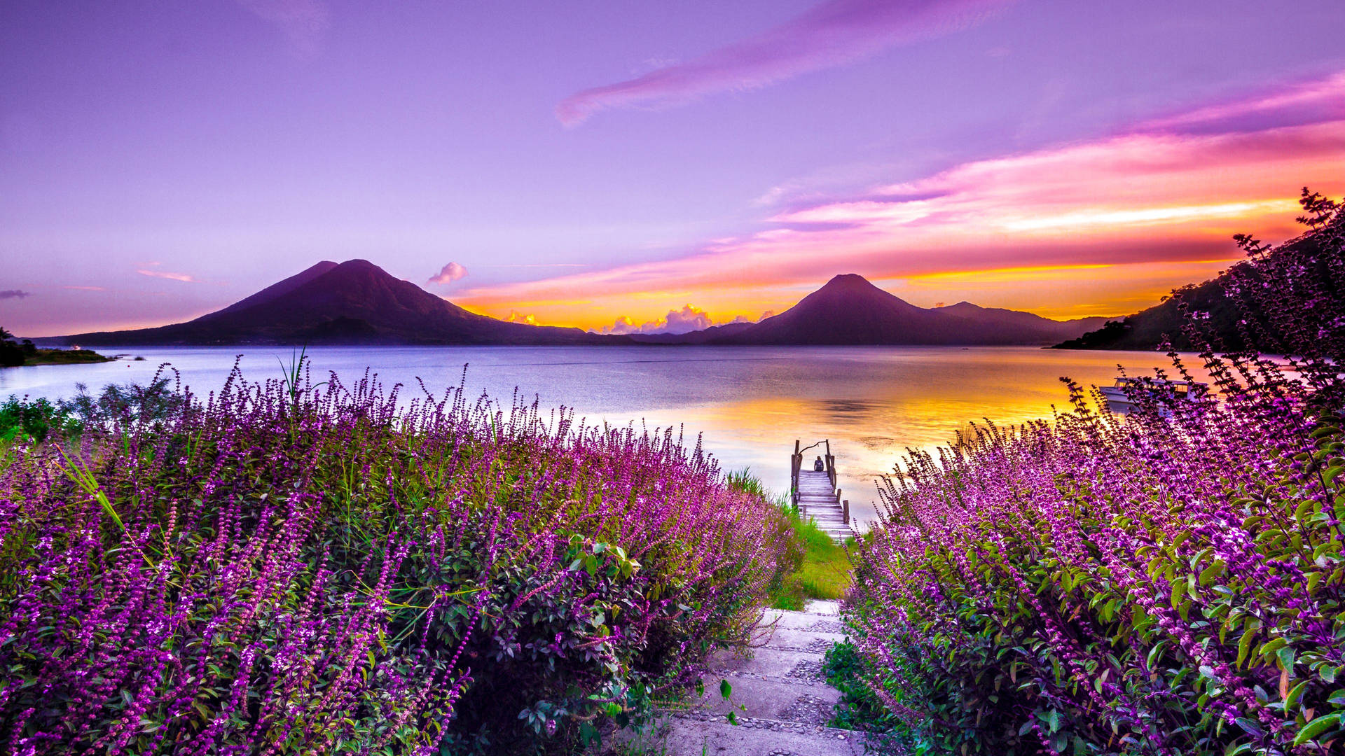 Mountains Sunset 桌布 壁紙 — 一條蜿蜒的小路穿過充滿活力的紫色花朵，通向平靜湖面上的木製碼頭，夕陽下兩座火山在火紅橙色和紫色的天空中形成剪影。