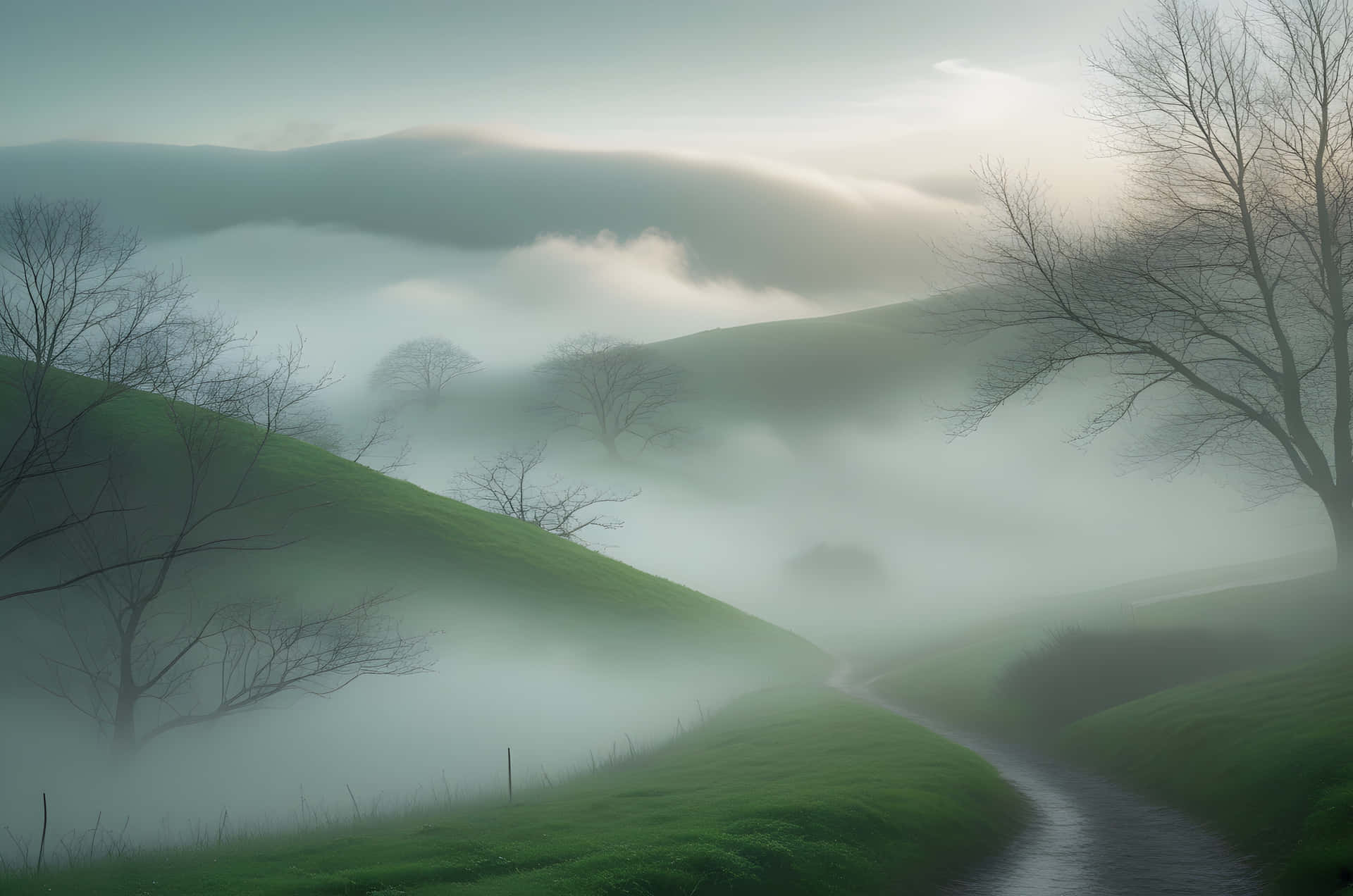 winter background wallpaper 壁紙 — 一條蜿蜒的小路穿過霧氣瀰漫的綠色山丘，樹木光禿，天空柔和發光。