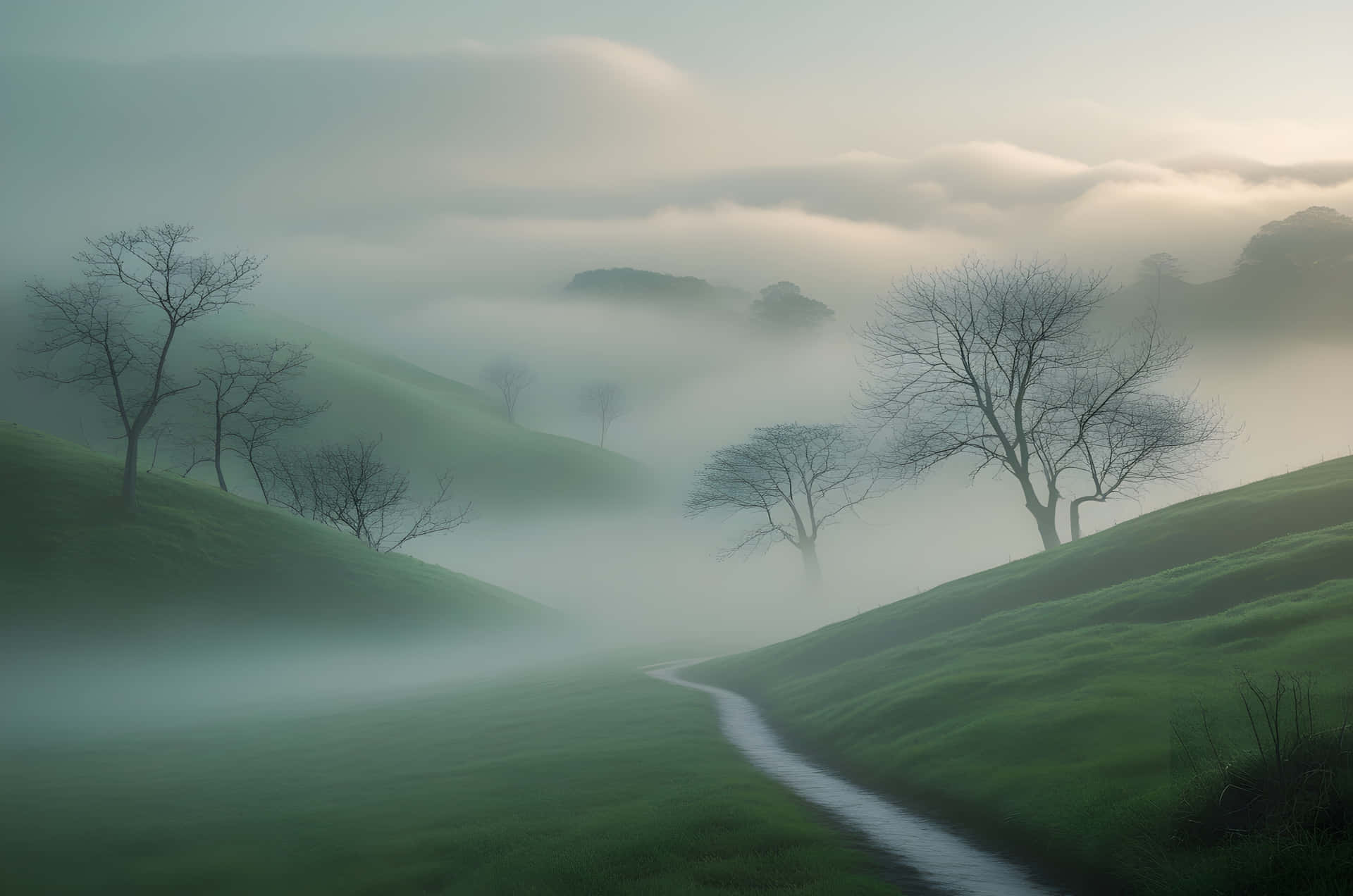 road in the foggy hill 壁紙 — 一條蜿蜒的小路穿過霧氣瀰漫的綠色山丘，點綴著光禿禿的樹木，在柔和的黎明天空下。