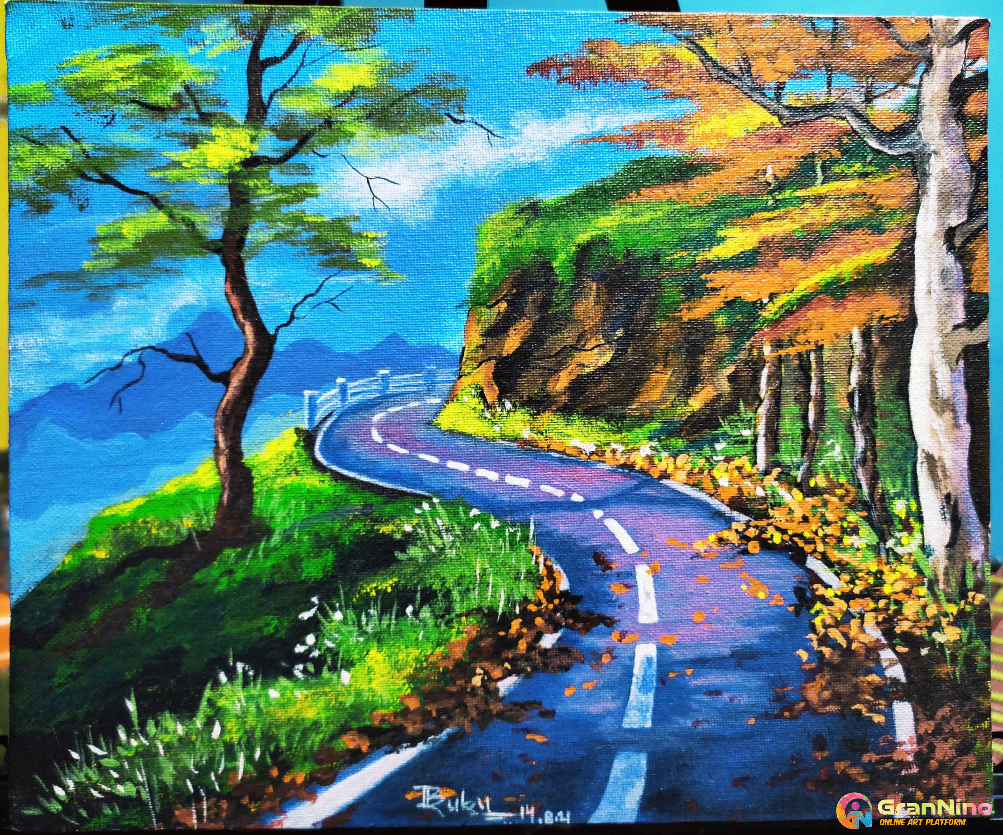 Beautiful Art 桌布 壁紙 — 一條蜿蜒的山路在明亮的藍天白雲下穿過充滿活力的秋葉。