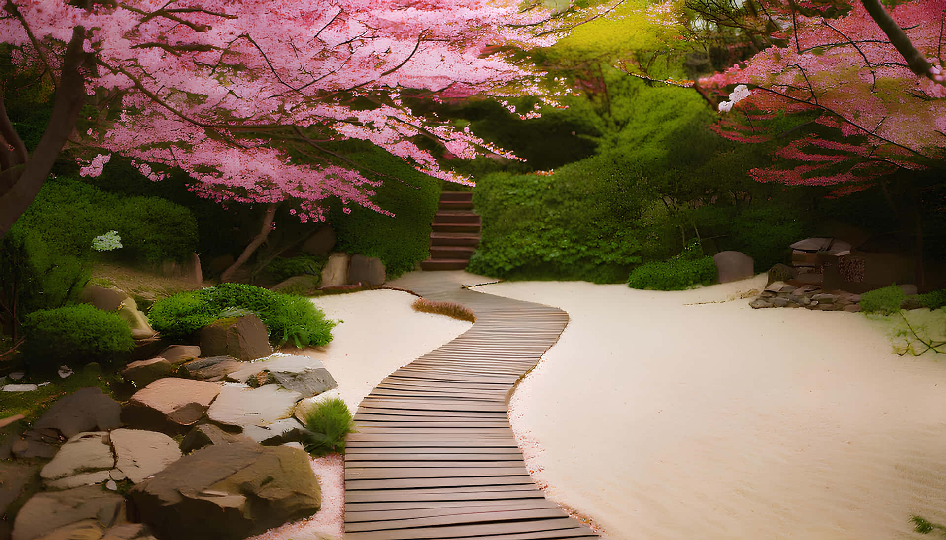 Sakura blossoms 壁紙 — 一條蜿蜒的木棧道穿過寧靜的日本庭園，上方是盛開的粉紅櫻花樹和茂密的綠植。