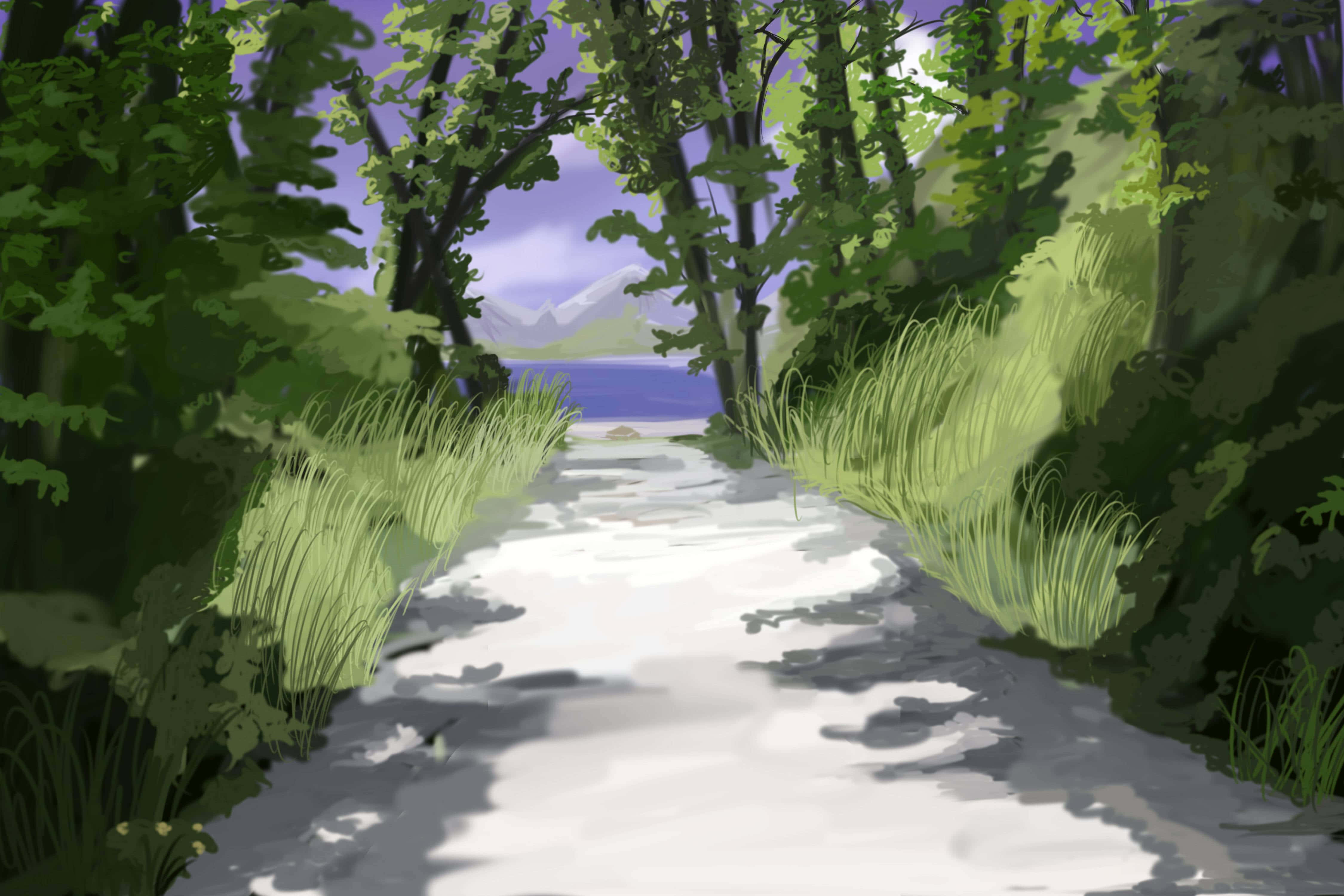 Anime Forest 桌布 壁紙 — 一條蜿蜒的森林小徑，兩旁長滿高高的草和樹木，通向遠處的湖泊和山脈，天空呈現紫色。