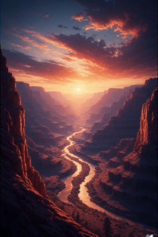 Grand Canyon at Sunset Majestic 4K 壁紙 — 一條蜿蜒的河流在日落時分閃爍琥珀色光芒，穿過深邃的峽谷，上方有火紅的橙色雲彩。