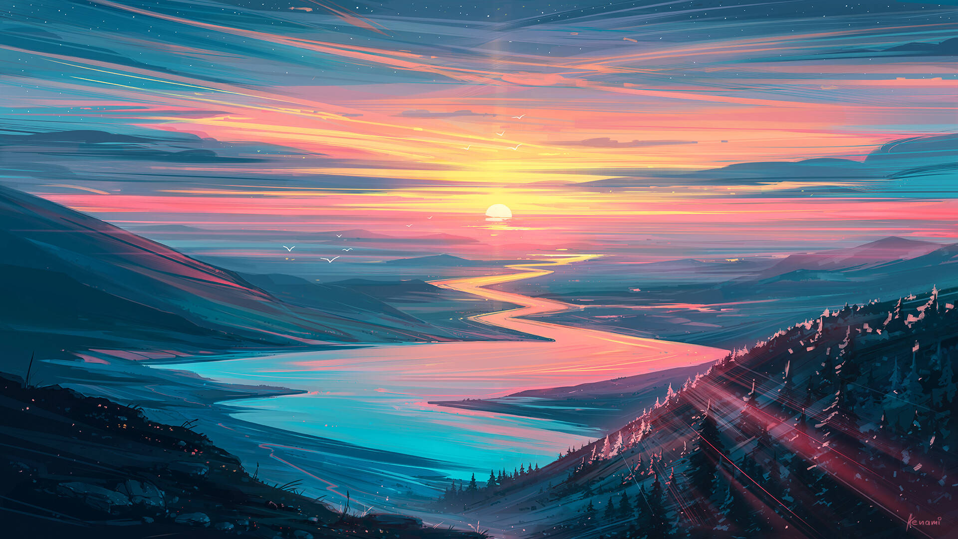 風景 桌布 壁紙 — 一條蜿蜒的河流在星空下映照著雪山之間充滿活力的日落。