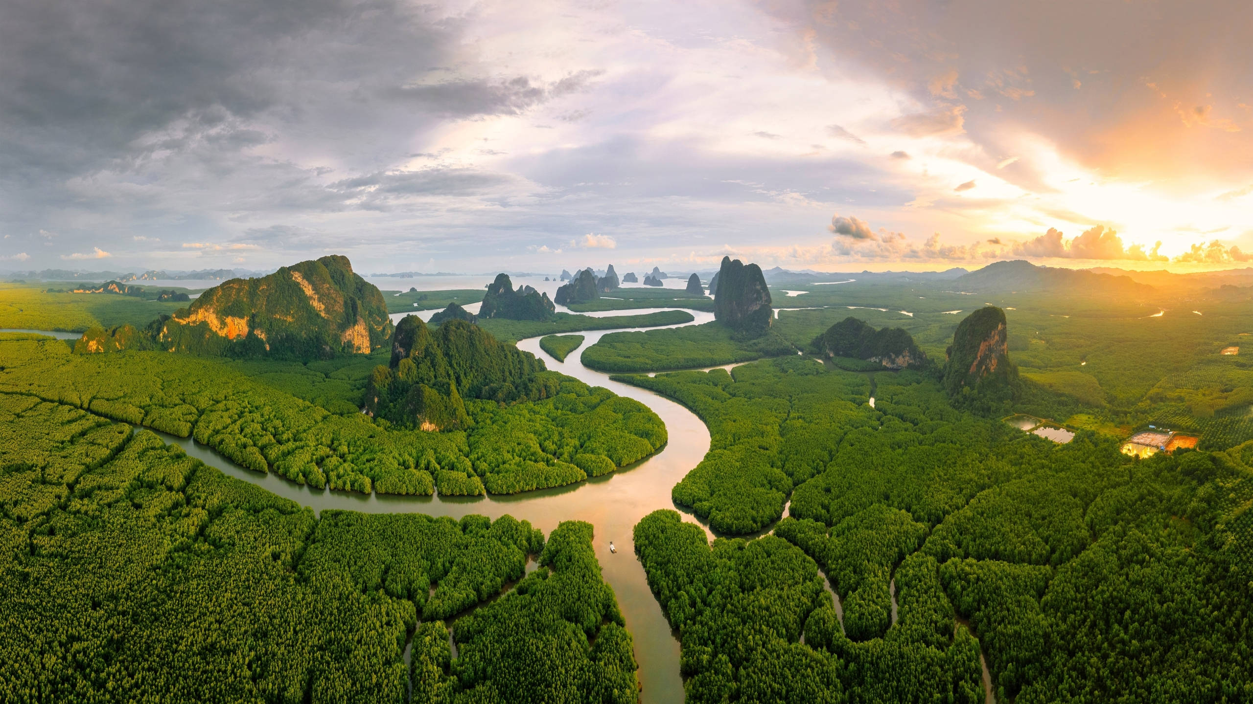 2560x1440 nature 桌布 壁紙 — 一條蜿蜒的河流在金色日落時分穿過茂密的綠色紅樹林和高聳的石灰岩喀斯特地形。