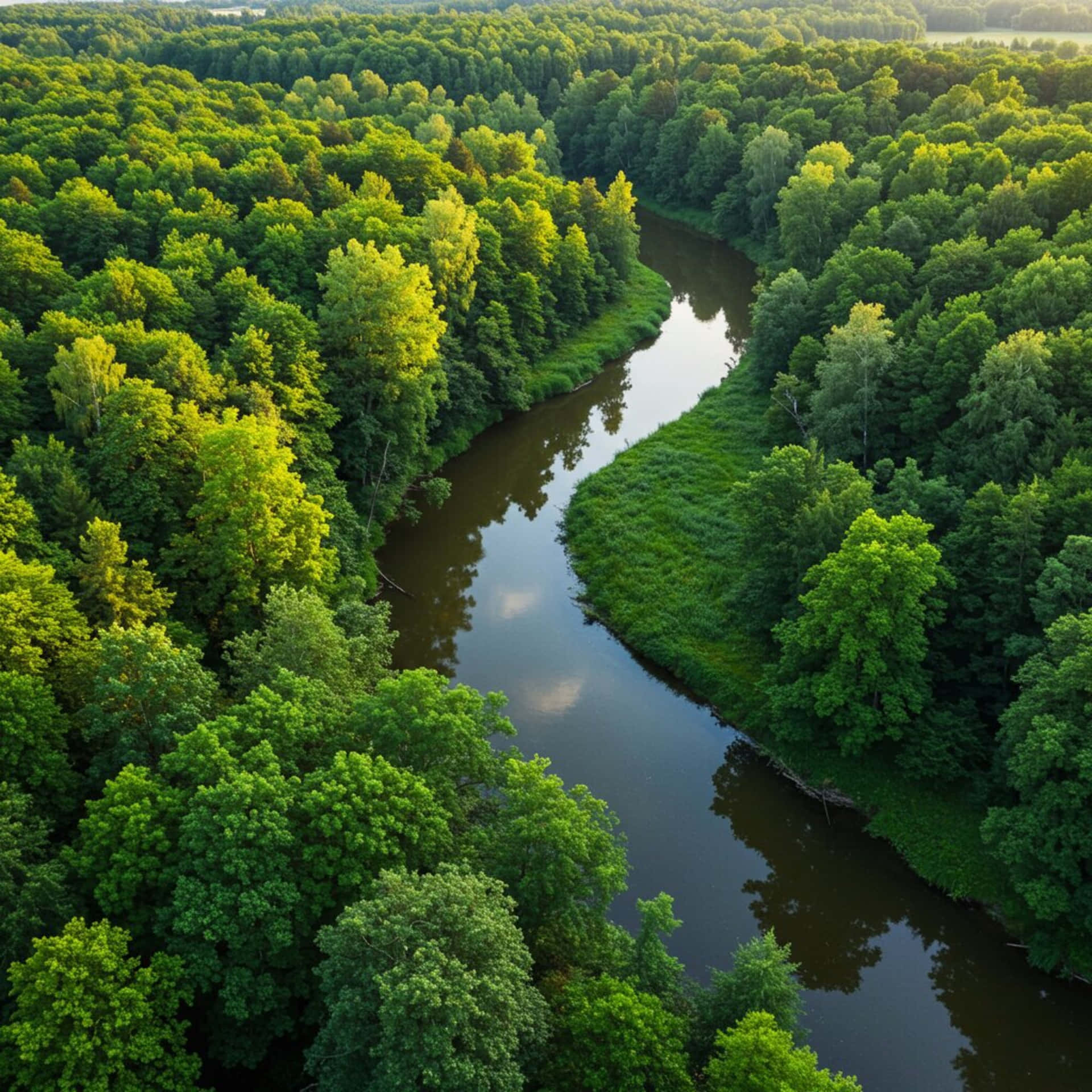 River in the forest 壁紙 — 一條蜿蜒的河流從空中俯瞰穿過茂密的翡翠森林。