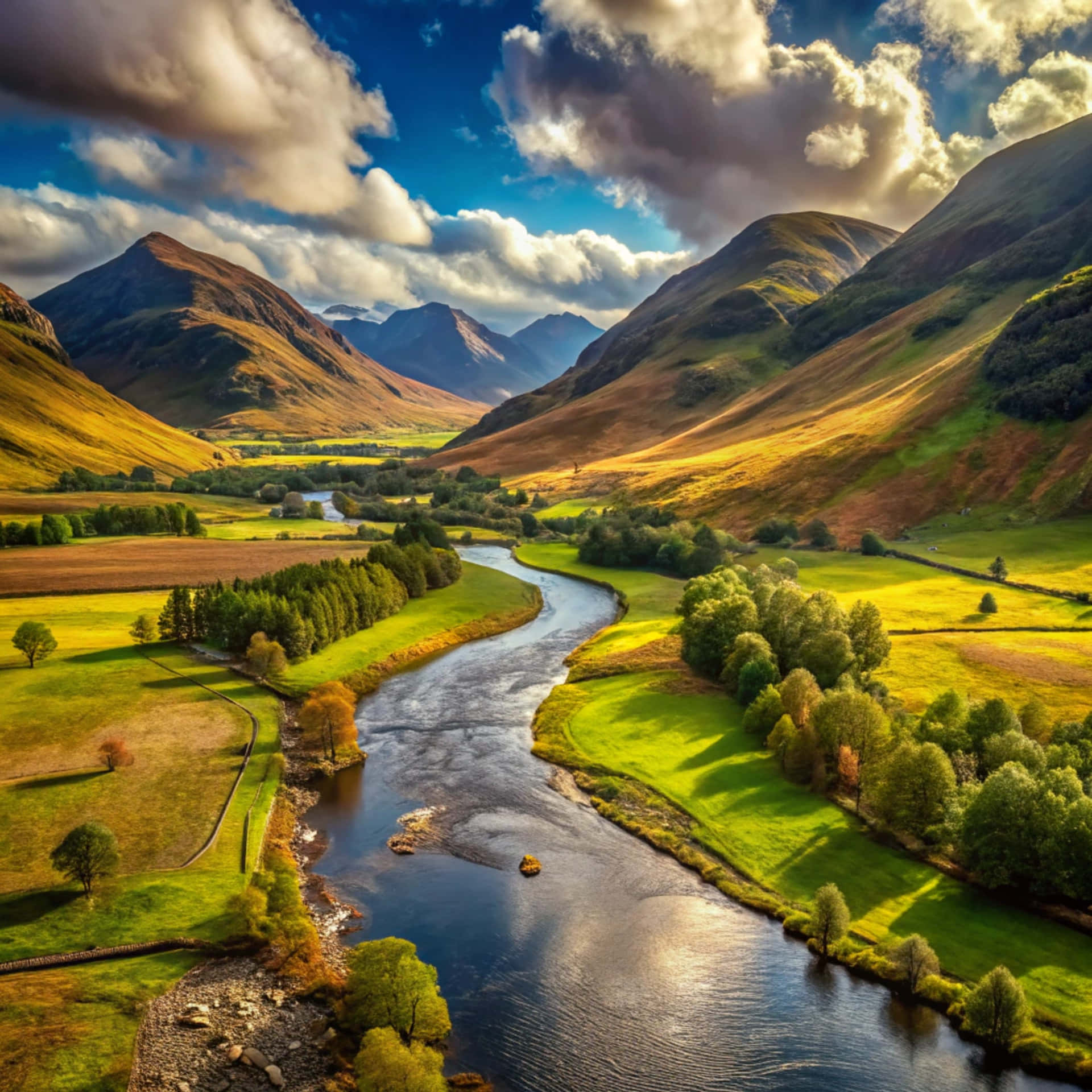 River surrounded by mountains 壁紙 — 一條蜿蜒的河流流經一個充滿活力的山谷，兩旁是起伏的綠色山丘和遠處的山脈，天空戲劇性地多雲。