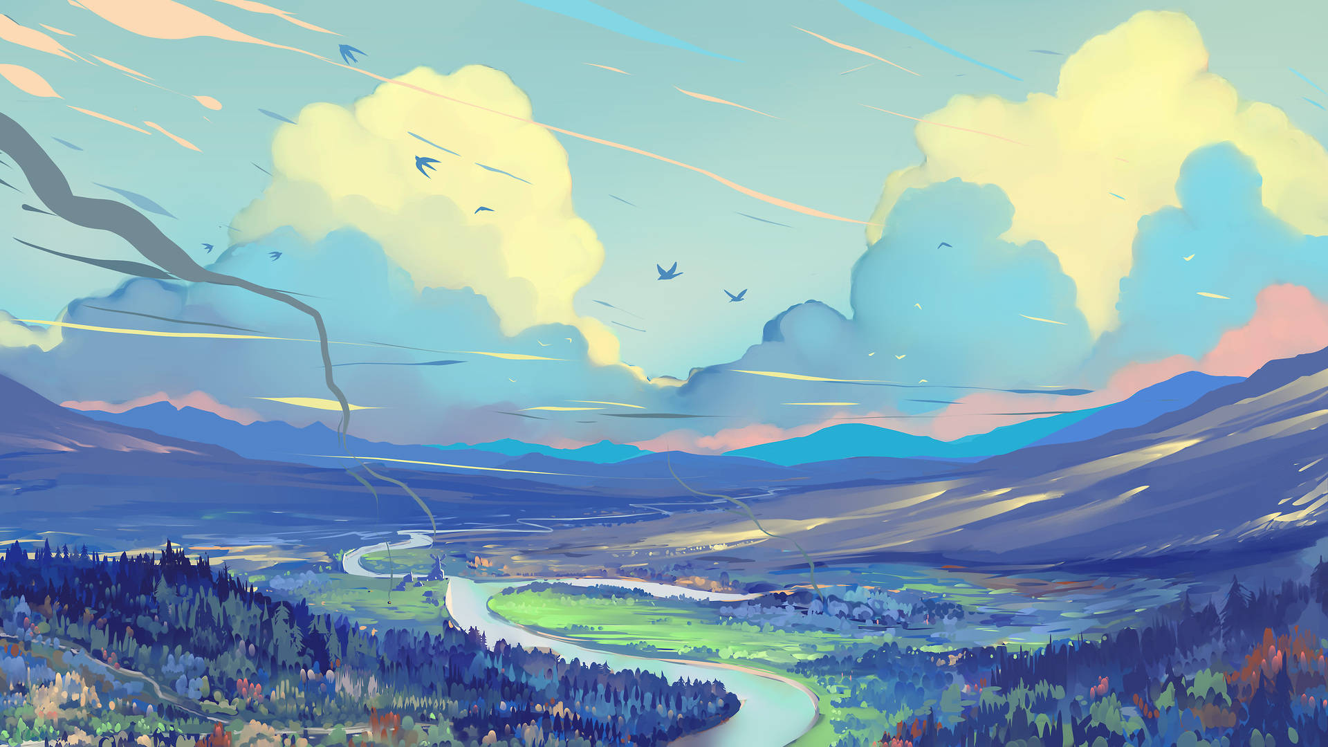 Painting 桌布 壁紙 — 一條蜿蜒的河流流經一個充滿活力的山谷，四周環繞著森林覆蓋的山丘，天空中有柔軟的雲朵和飛翔的鳥兒。