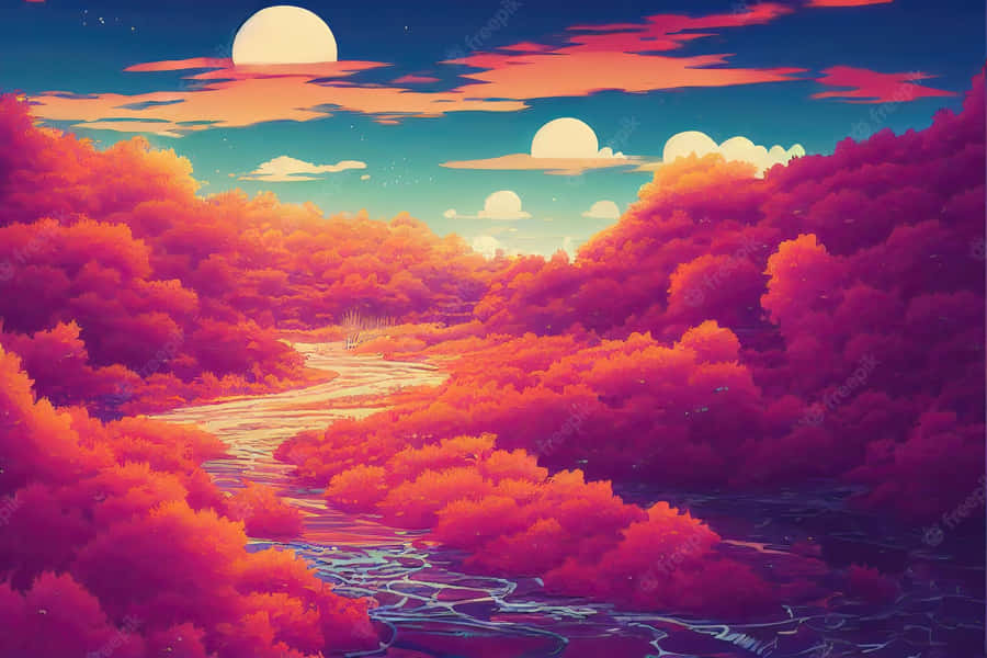 桌布 壁紙 — 一條蜿蜒的河流流經一片超現實的森林，沐浴在熾熱的橙色和洋紅色調中，在暮色天空下閃爍著發光的球體。