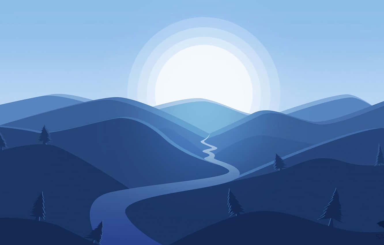 Minimalist Blue 桌布 壁紙 — 一條蜿蜒的河流流經寧靜的藍色山脈，在柔和的漸變天空下，一輪發光的太陽照耀著。