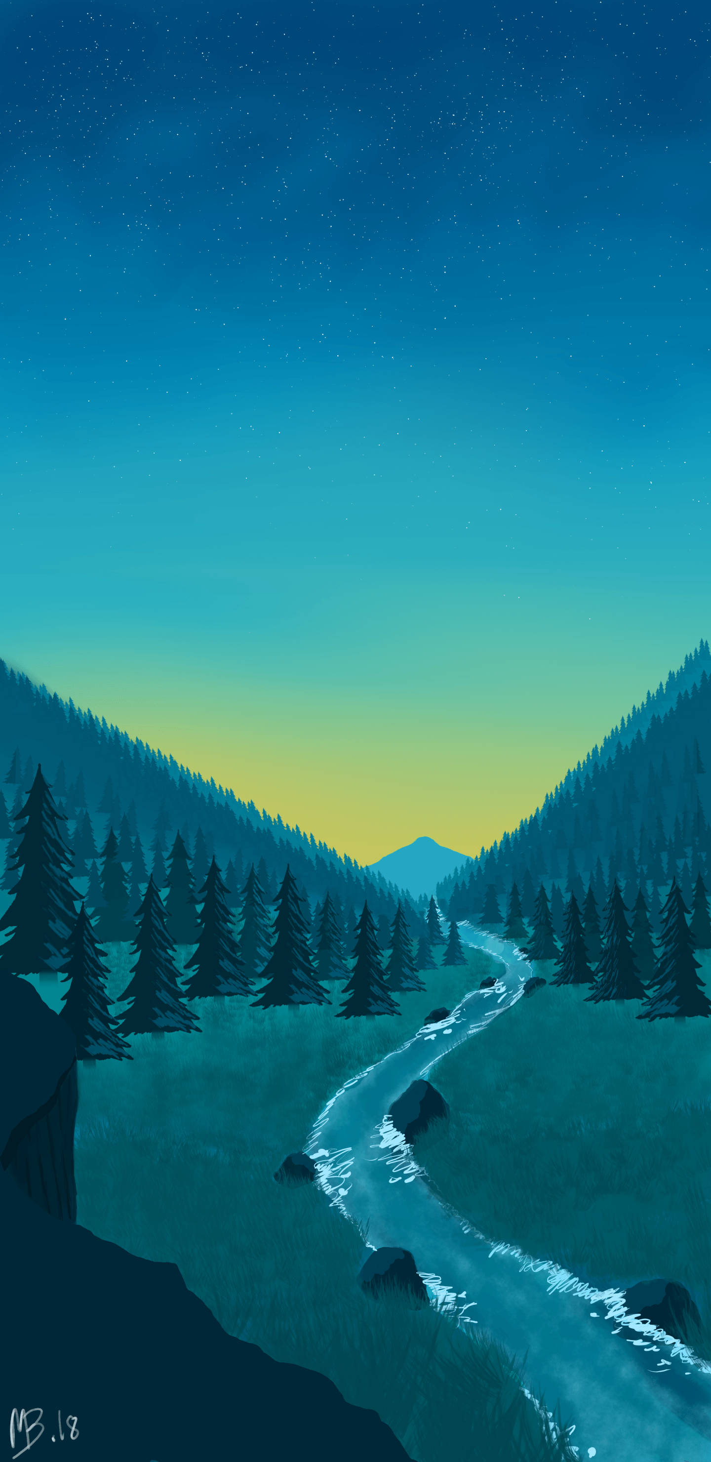 Minimalist Nature 桌布 壁紙 — 一條蜿蜒的河流流經星光燦爛的山谷，兩旁是松樹林，上方是漸變的暮色天空。