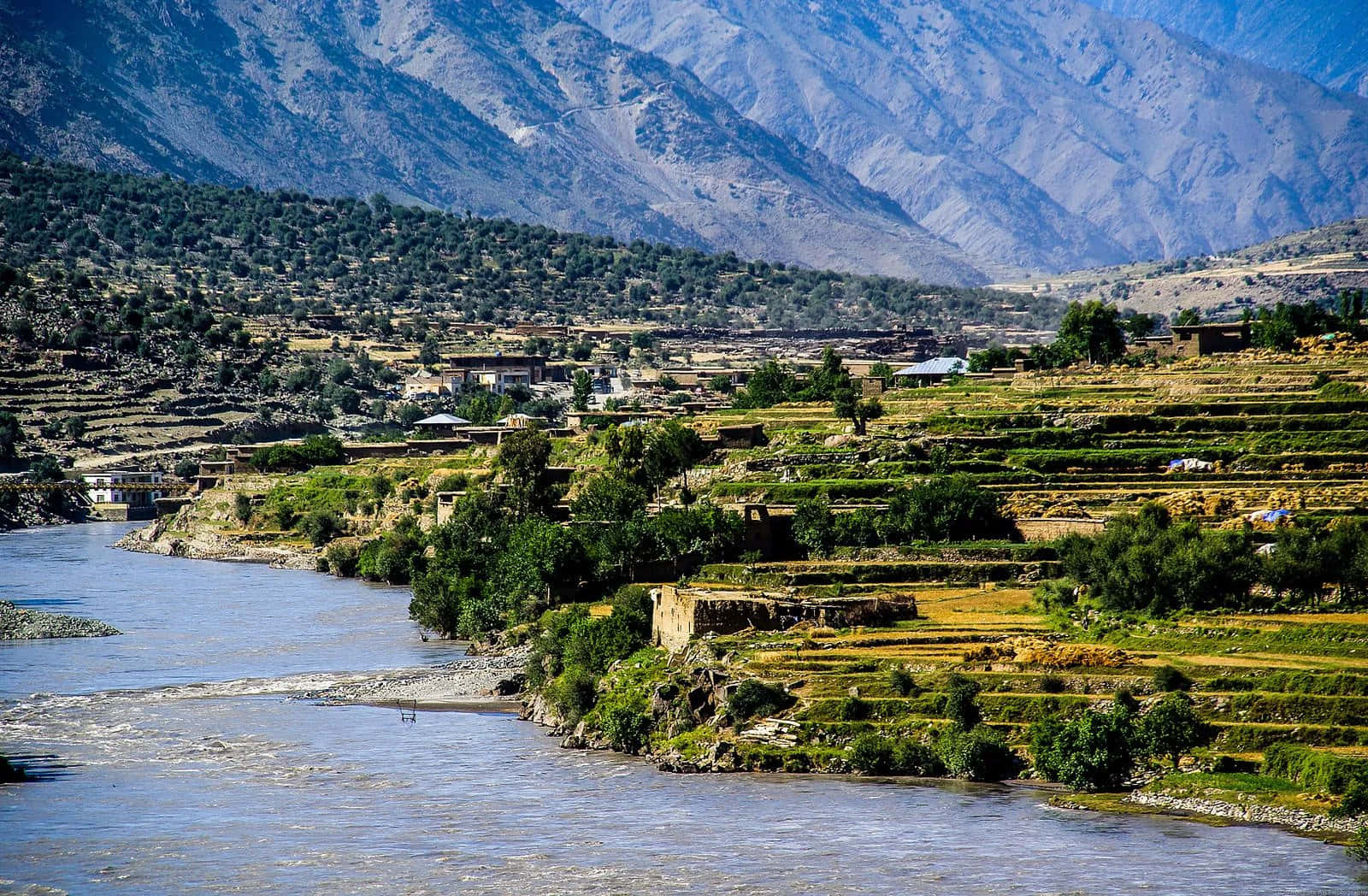 Afghanistan 桌布 壁紙 — 一條蜿蜒的河流流經梯田和一個坐落在崎嶇山脈中的村莊，在明亮的日光下。