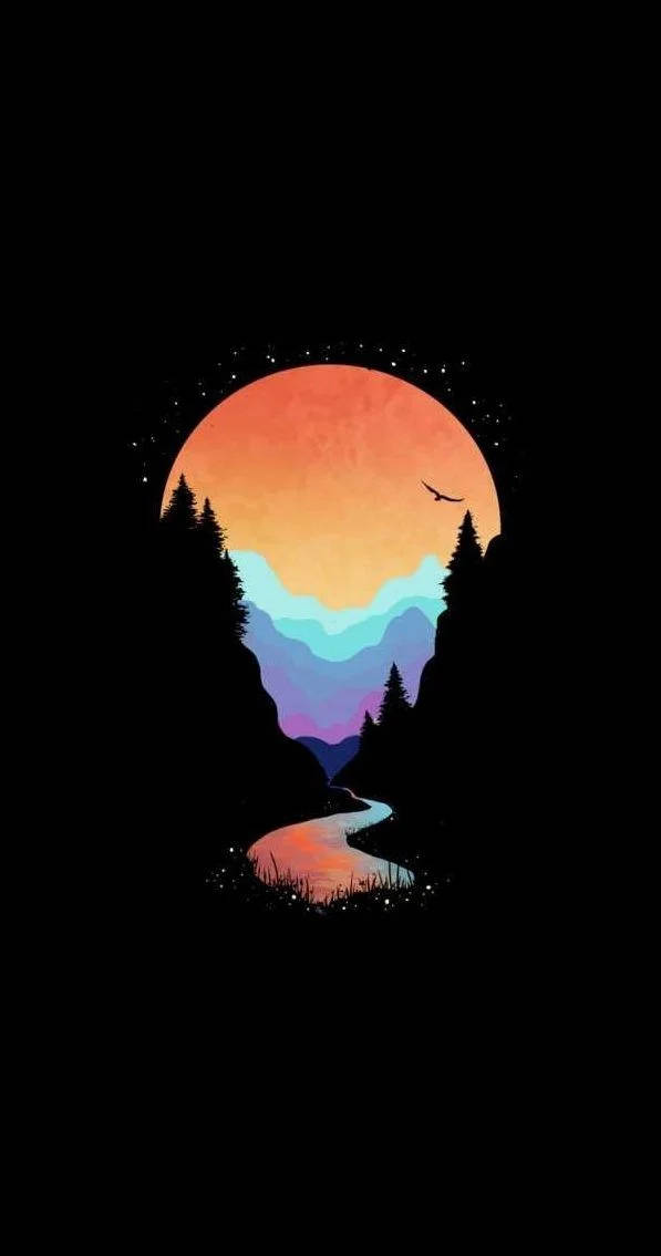 Digital 桌布 壁紙 — 一條蜿蜒的河流流經森林山谷，下方是充滿活力的漸變日落月亮，有一隻孤鳥在飛翔。
