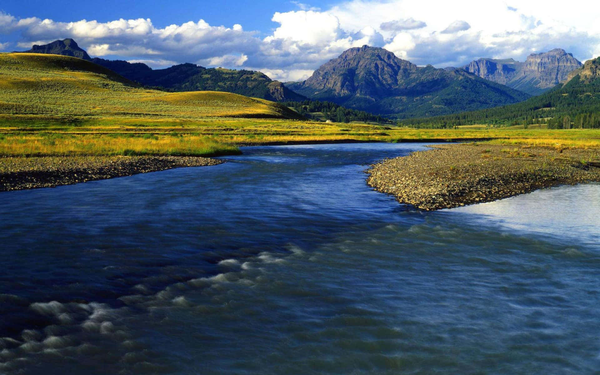 Yellowstone 桌布 壁紙 — 一條蜿蜒的河流流經金色的草原，崎嶇的山脈在部分多雲的藍天下聳立。