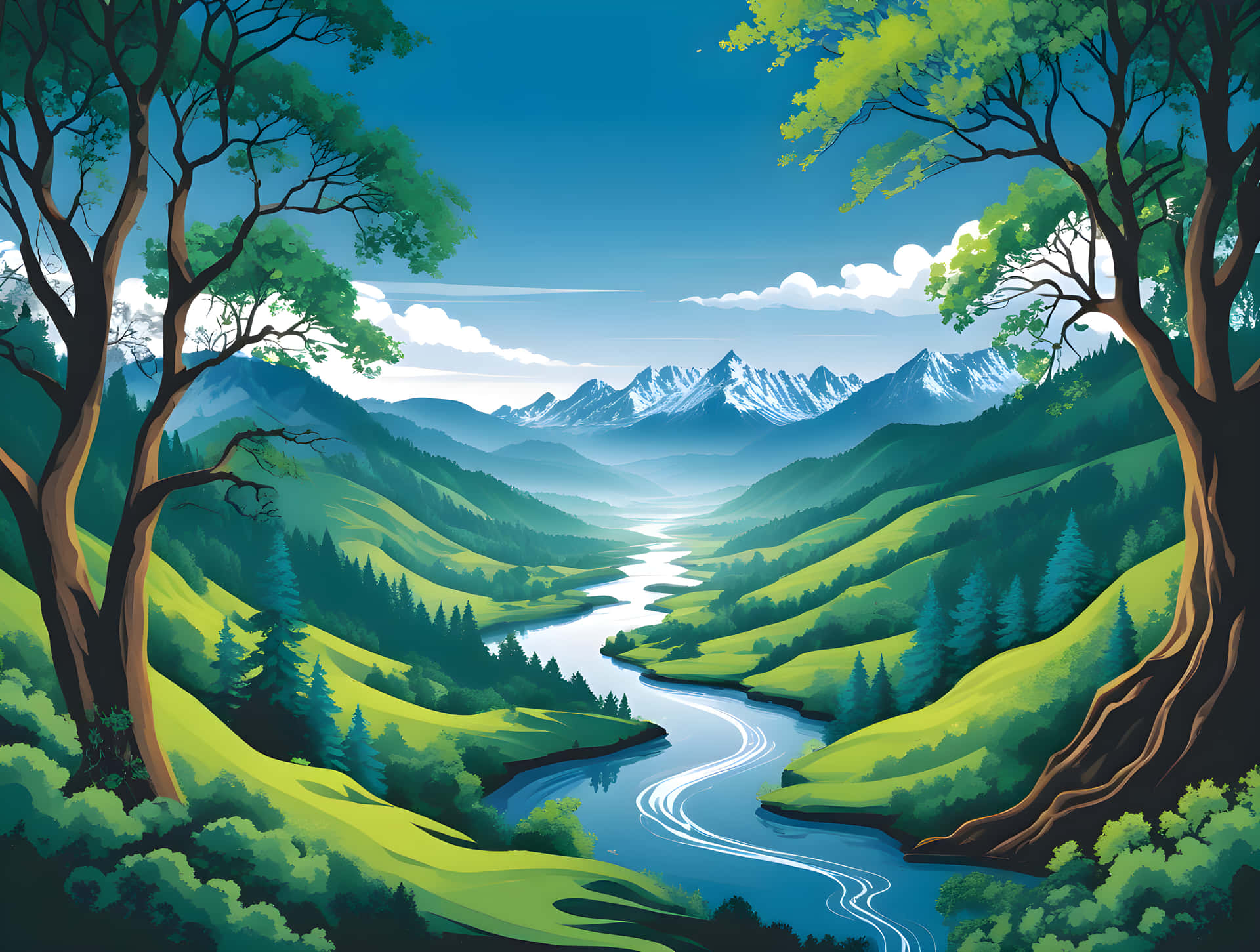 A Sketch natural view 壁紙 — 一條蜿蜒的河流流經鬱鬱蔥蔥的綠色山谷，兩旁是高聳的樹木，遠處是白雪皚皚的山脈，在清澈的藍天下。