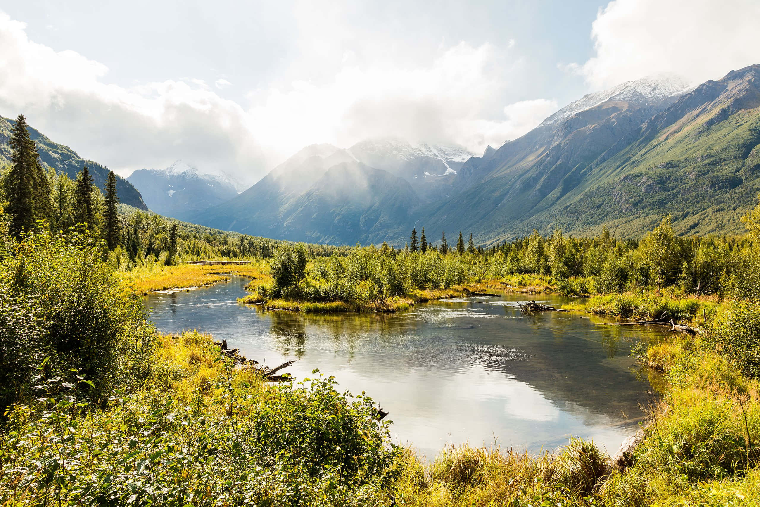 Anchorage Alaska 桌布 壁紙 — 一條蜿蜒的河流流經鬱鬱蔥蔥的綠色山谷，兩旁是高聳的雪山，天空明亮，部分多雲。