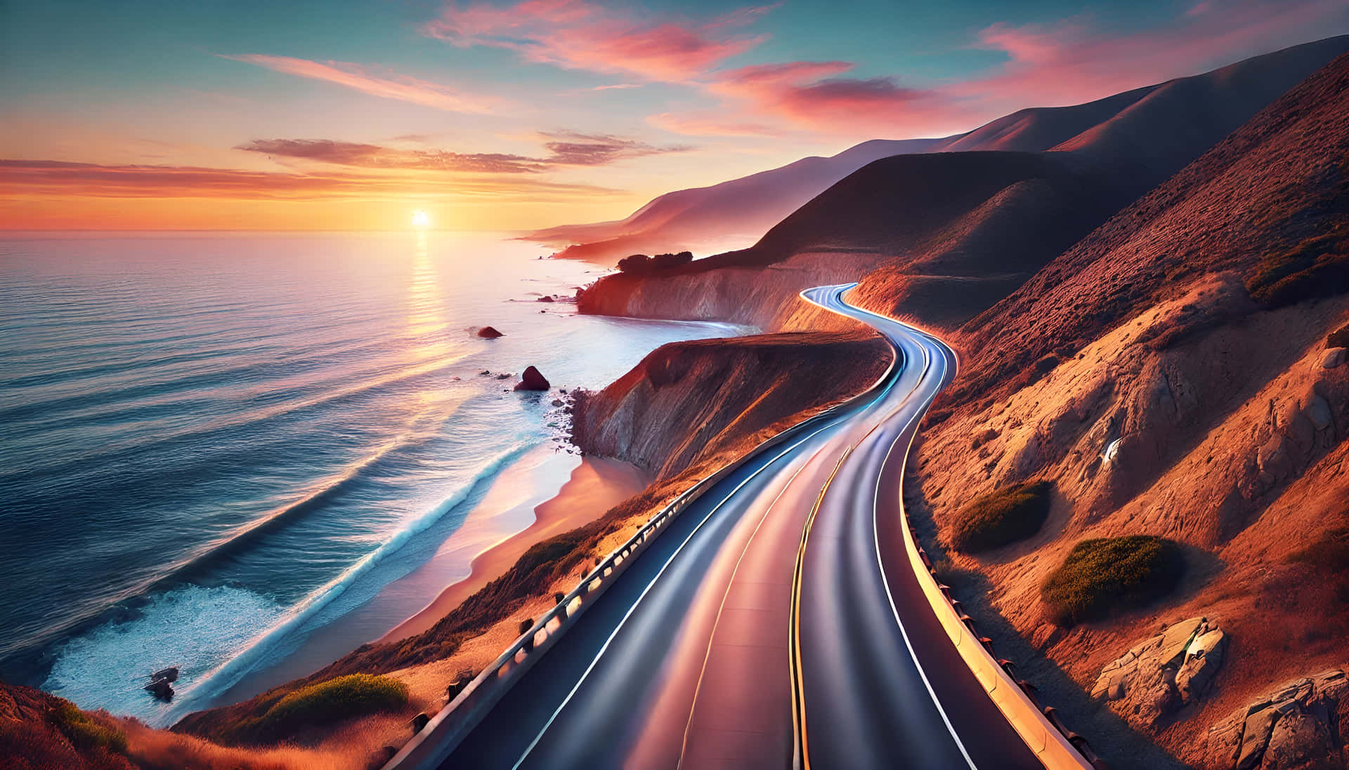 A Long Road Alongside a Beautiful Sea at Sunset 壁紙 — 一條蜿蜒的沿海公路在日落時沿著懸崖彎曲，金色的光線反射在海浪上。