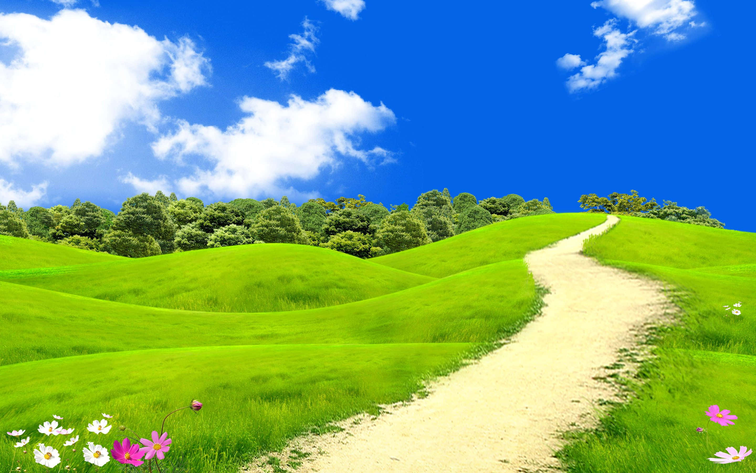 Spring Landscape 桌布 壁紙 — 一條蜿蜒的泥土小徑穿過充滿活力的綠色起伏山丘，在明亮的藍天下有蓬鬆的白雲。