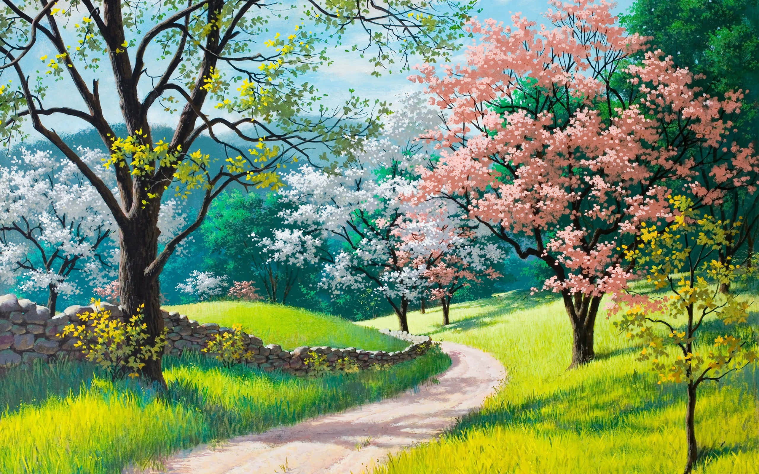 Beautiful Painting 桌布 壁紙 — 一條蜿蜒的泥土小徑穿過充滿活力的春天草地，兩旁盛開的櫻花樹在清澈的藍天下搖曳。