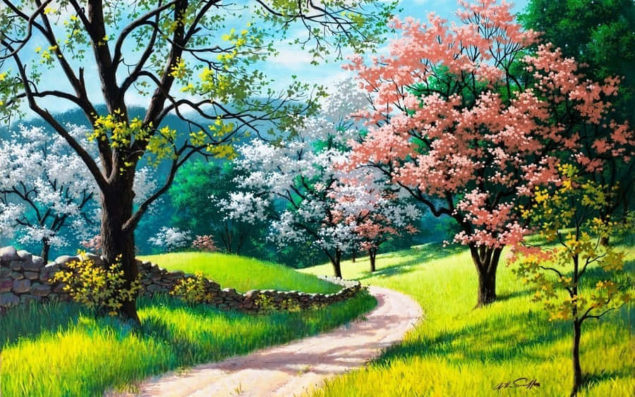 樹木 桌布 壁紙 — 一條蜿蜒的泥土小徑穿過充滿活力的春季草地，兩旁盛開的櫻花樹在清澈的藍天下搖曳。