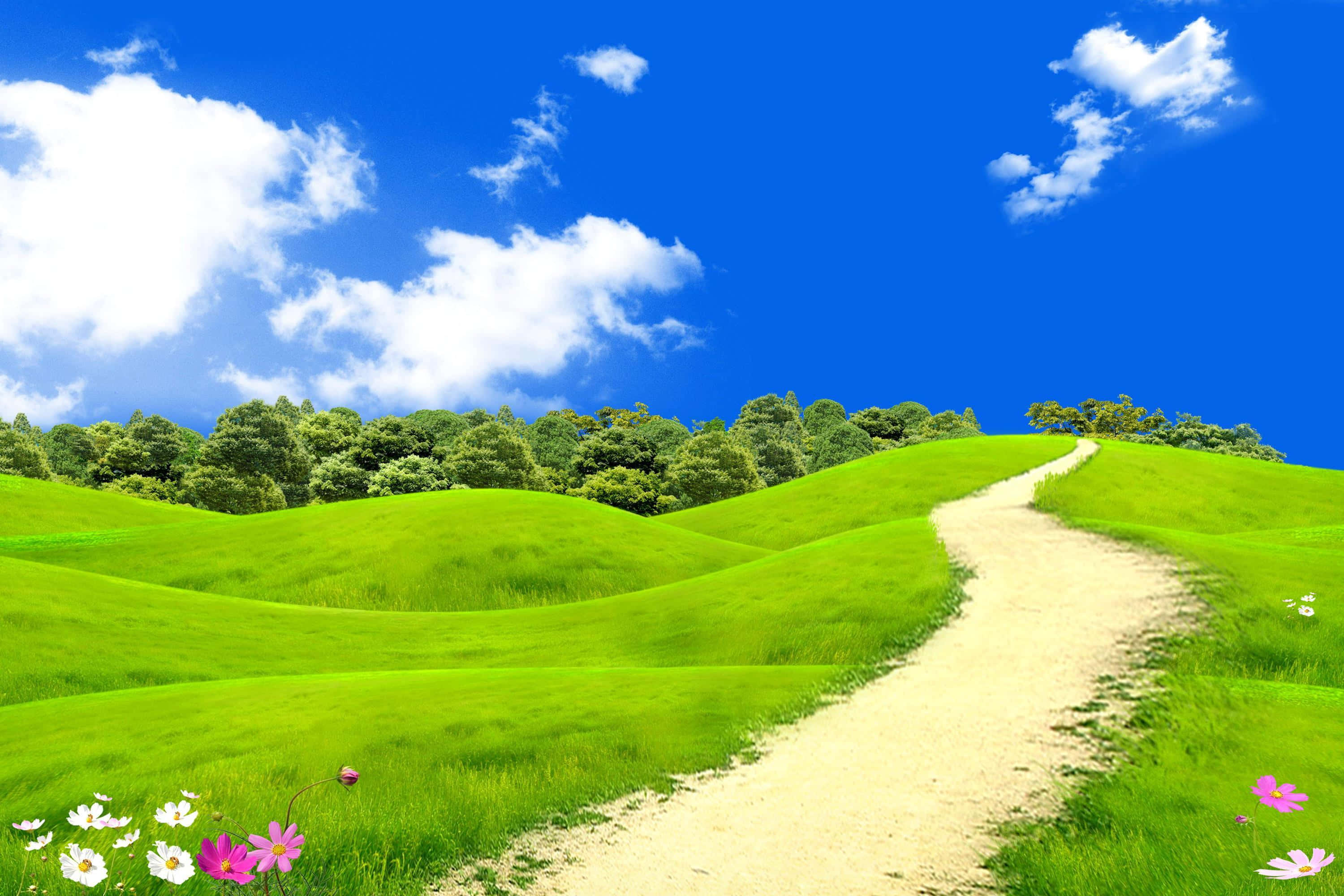 Green Landscape 桌布 壁紙 — 一條蜿蜒的泥土小徑穿過充滿活力的綠色起伏山丘，在明亮的藍天下有蓬鬆的白雲。