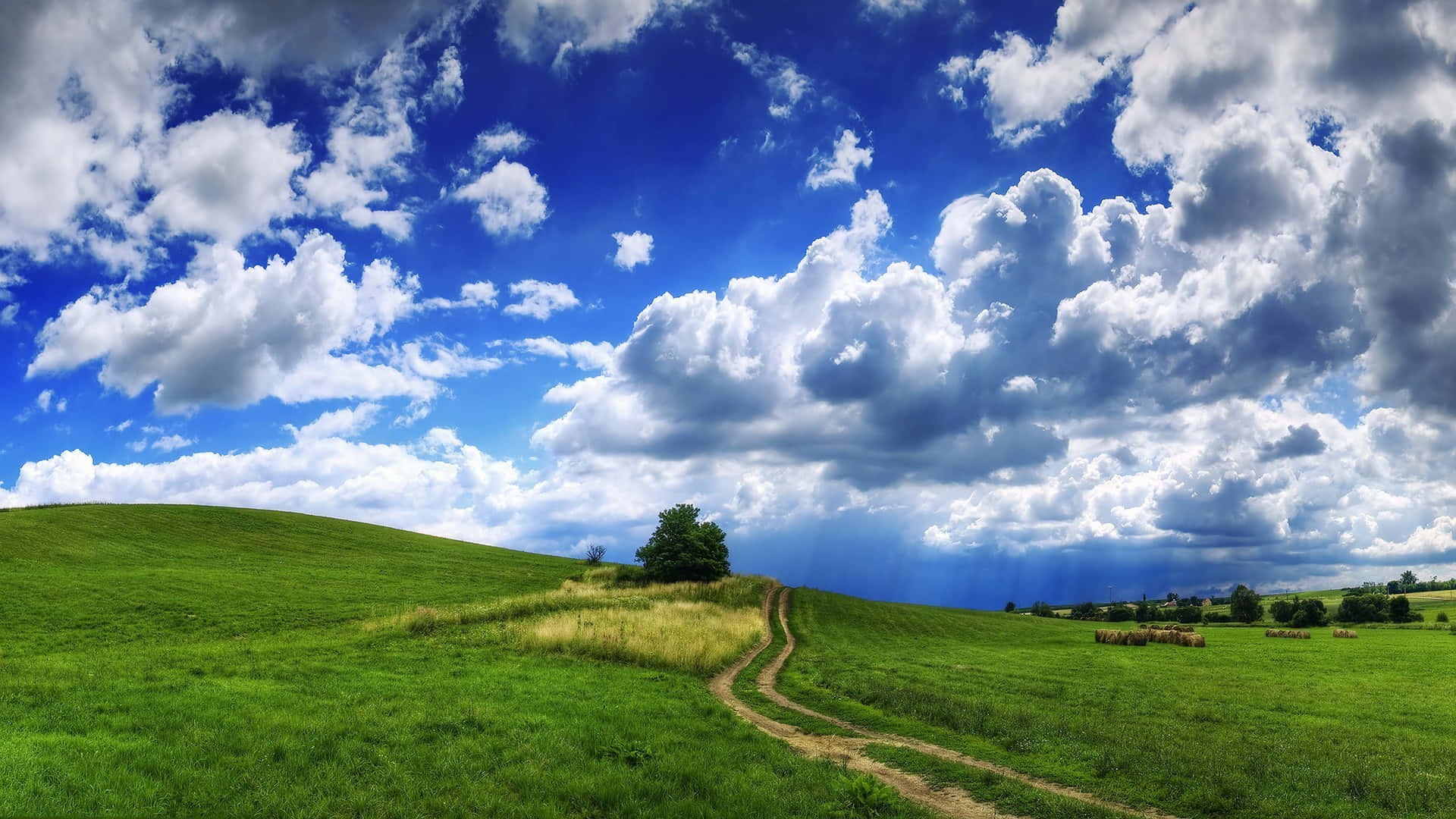 Nature Landscape 桌布 壁紙 — 一條蜿蜒的泥土小徑穿過充滿活力的綠色起伏山丘，上方是戲劇性的藍天，佈滿蓬鬆的白雲。