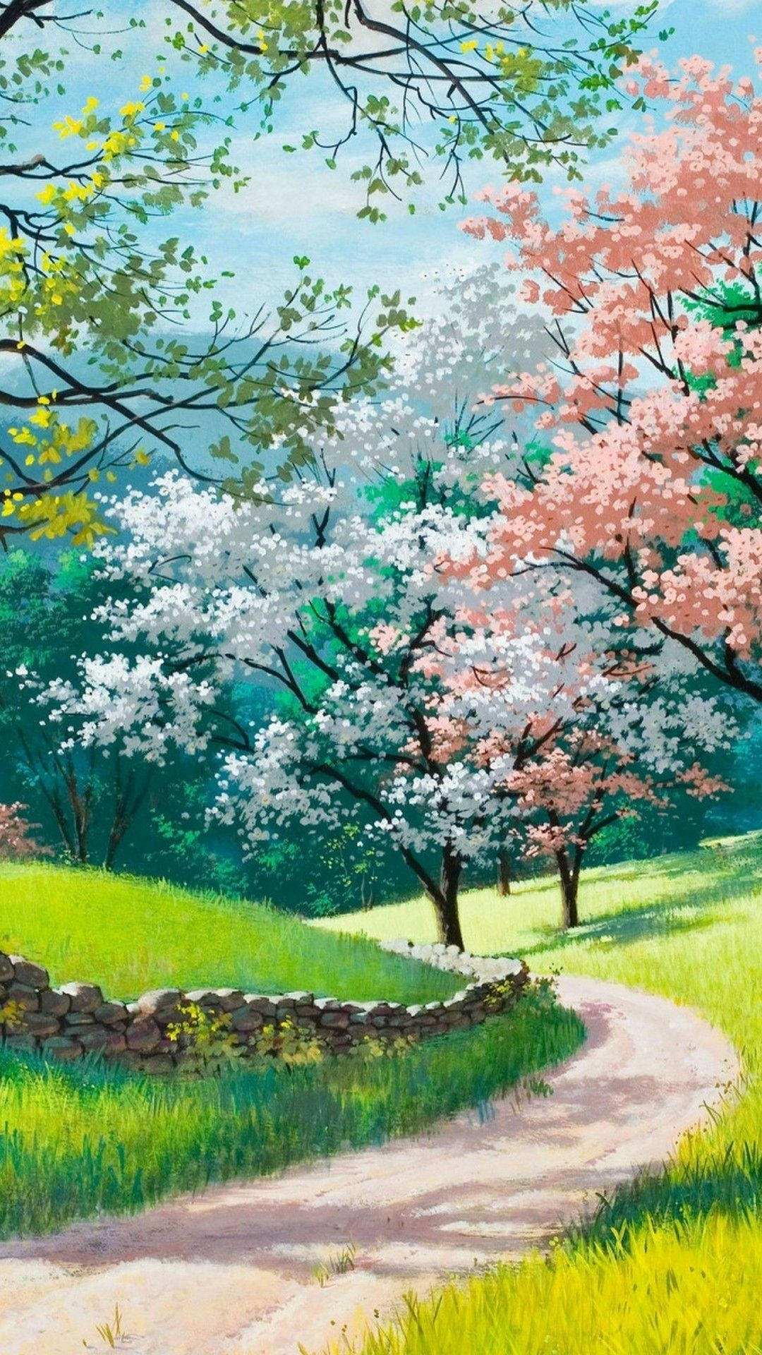 Beautiful Phone 桌布 壁紙 — 一條蜿蜒的泥土小徑穿過充滿活力的春天草地，兩旁開滿粉紅色和白色的櫻花樹。
