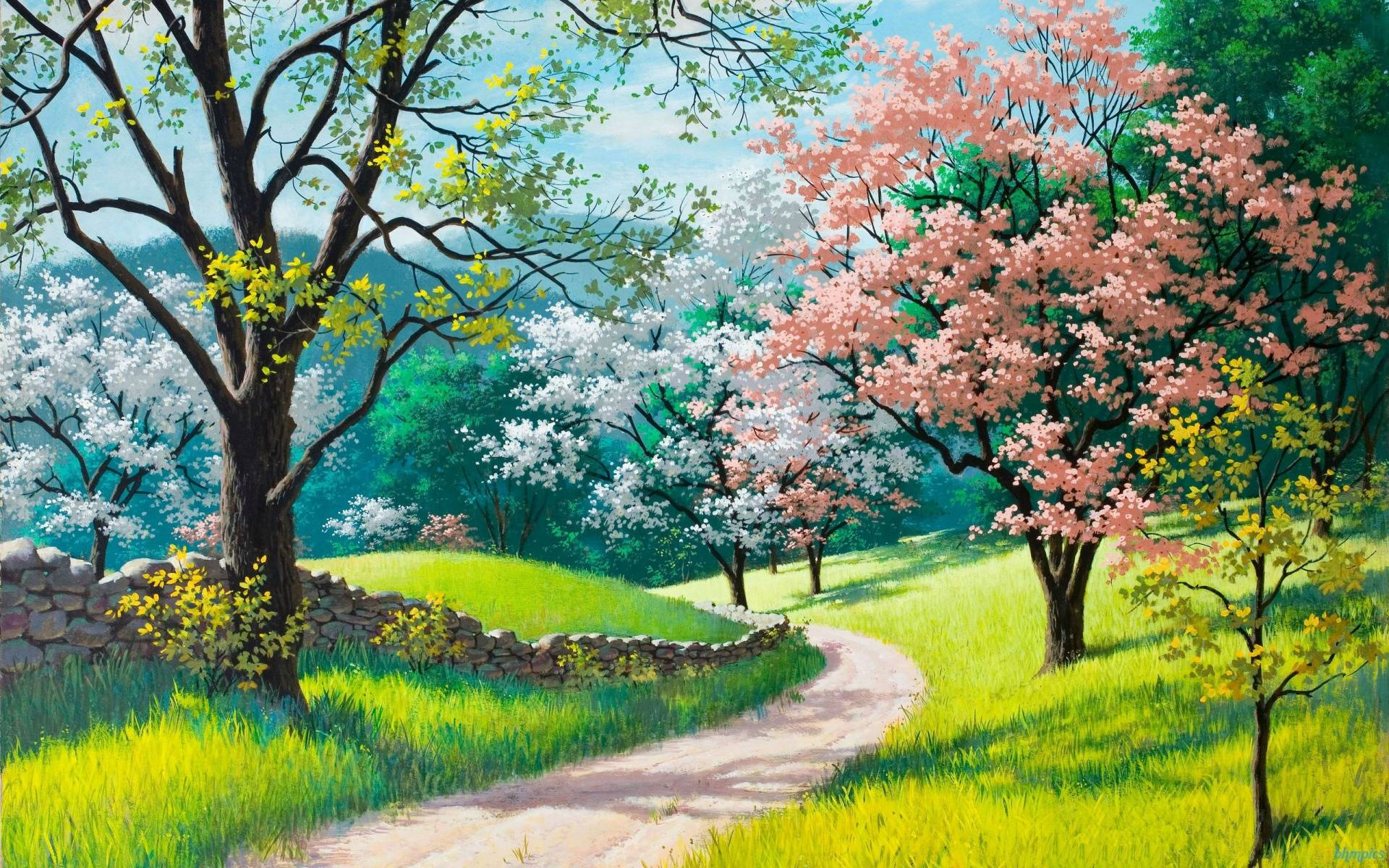 HD Spring 桌布 壁紙 — 一條蜿蜒的泥土小徑穿過充滿活力的春天草地，兩旁盛開的櫻花樹在清澈的藍天下搖曳。