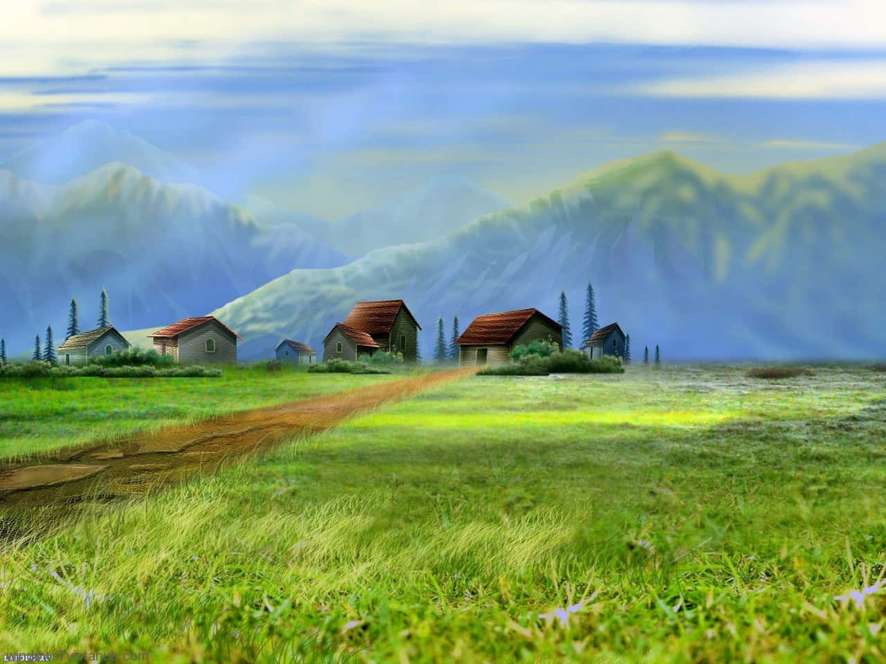 3d Landscape 桌布 壁紙 — 一條蜿蜒的泥土小徑穿過充滿活力的綠色田野，通往坐落在霧氣瀰漫的藍綠色山腳下的質樸小屋。