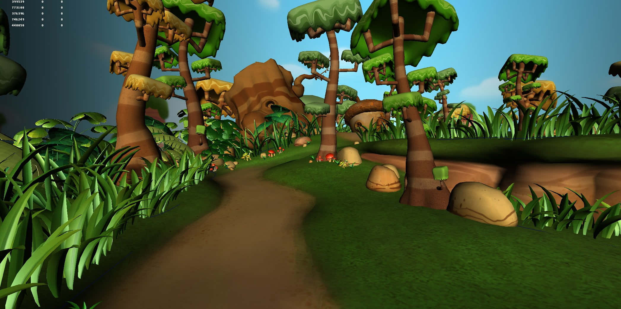 Cartoon Forest 桌布 壁紙 — 一條蜿蜒的泥土小徑穿過茂密的卡通森林，有風格化的樹木和充滿活力的綠色草地，在清澈的藍天下。