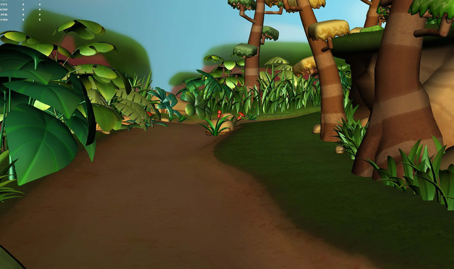 Animated Forest 桌布 壁紙 — 一條蜿蜒的泥土小徑穿過茂密的綠色叢林，高聳的樹木和充滿活力的樹葉在清澈的藍天下。