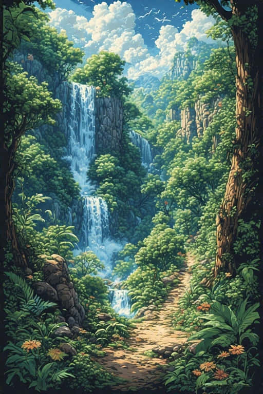 Whimsical Forest Waterfall Adventure 壁紙 — 一條蜿蜒的泥土小徑穿過茂密的綠色叢林，通往在明亮藍天白雲下的瀑布。
