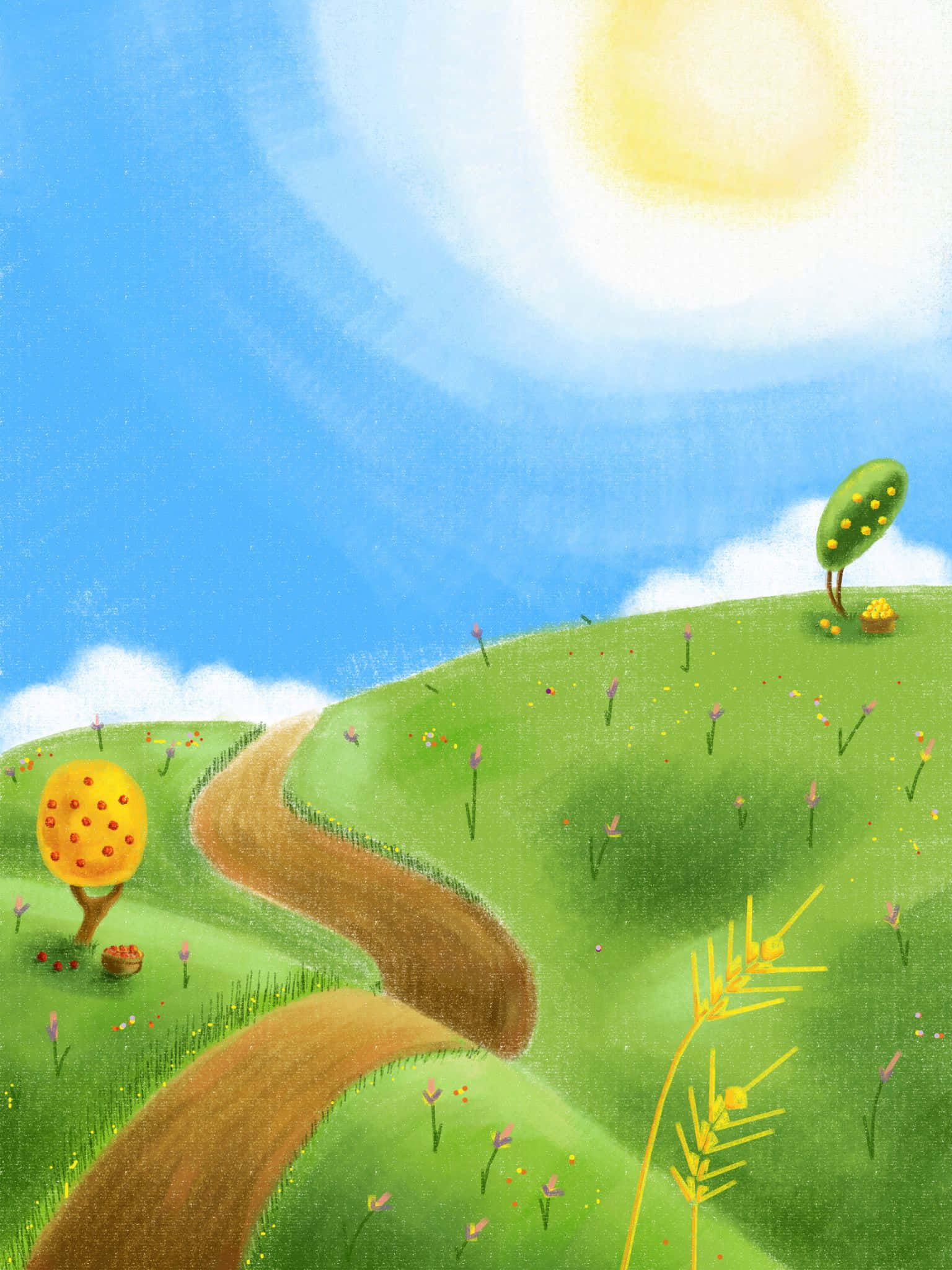 1536x2048 桌布 壁紙 — 一條蜿蜒的泥土小徑穿過起伏的綠色山丘，點綴著色彩繽紛的樹木和野花，在明亮的藍天下，陽光明媚。