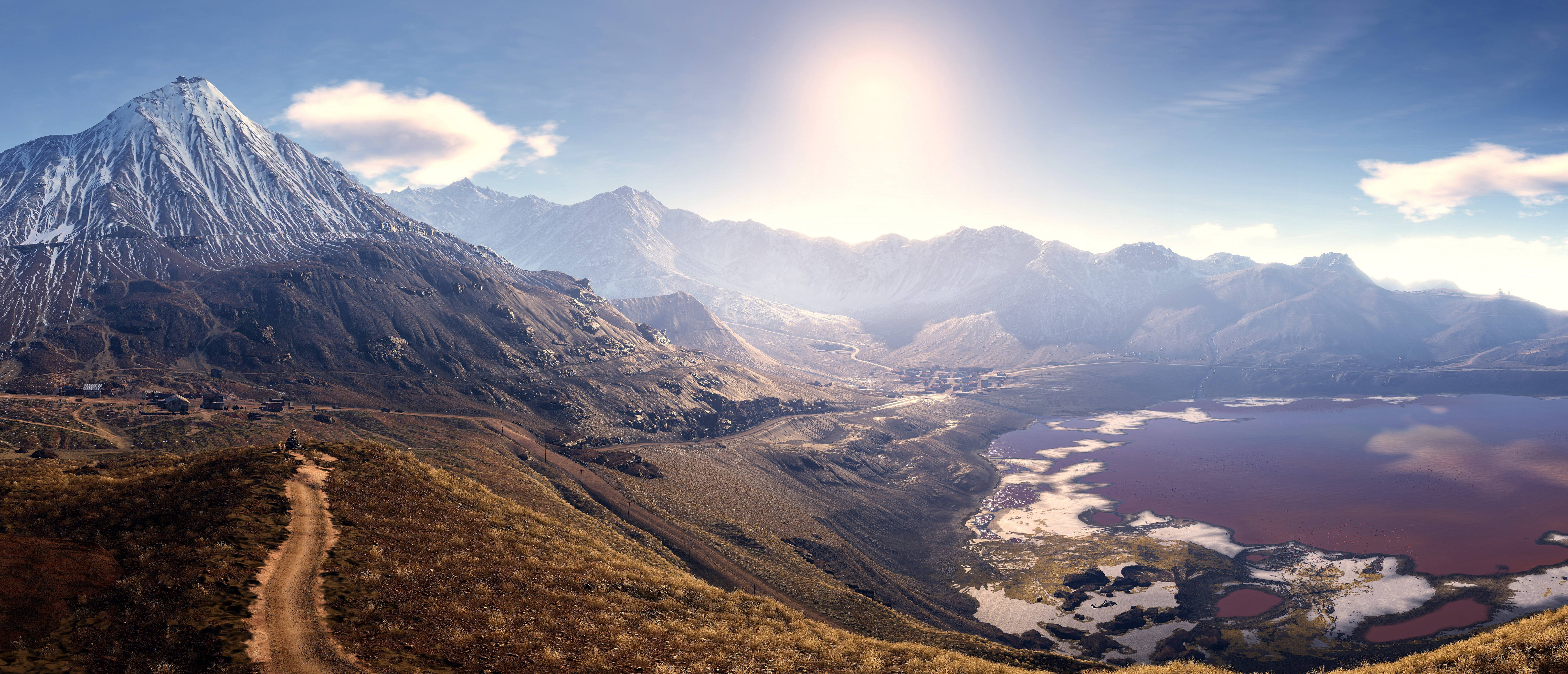 tom clancy's ghost recon wildlands 桌布 壁紙 — 一條蜿蜒的泥土小徑穿過金色的山丘，通往一個超現實的粉紅色湖泊，該湖泊坐落在白雪覆蓋的山脈之間，陽光普照。
