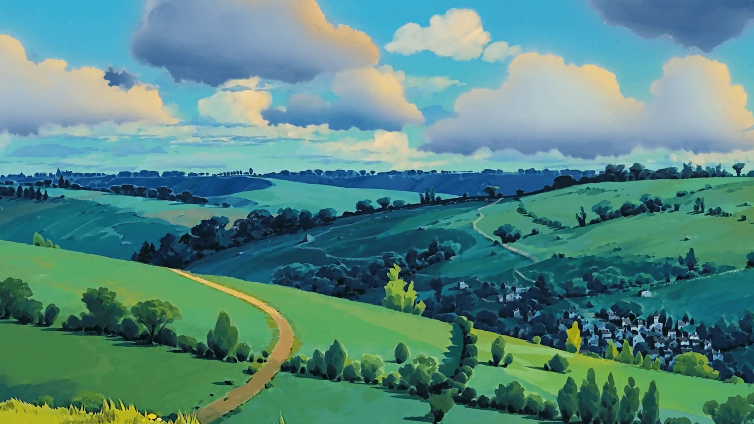 Ghibli 桌布 壁紙 — 一條蜿蜒的泥路穿過起伏的綠色山丘，天空中有柔軟的雲朵和遠處的村莊。