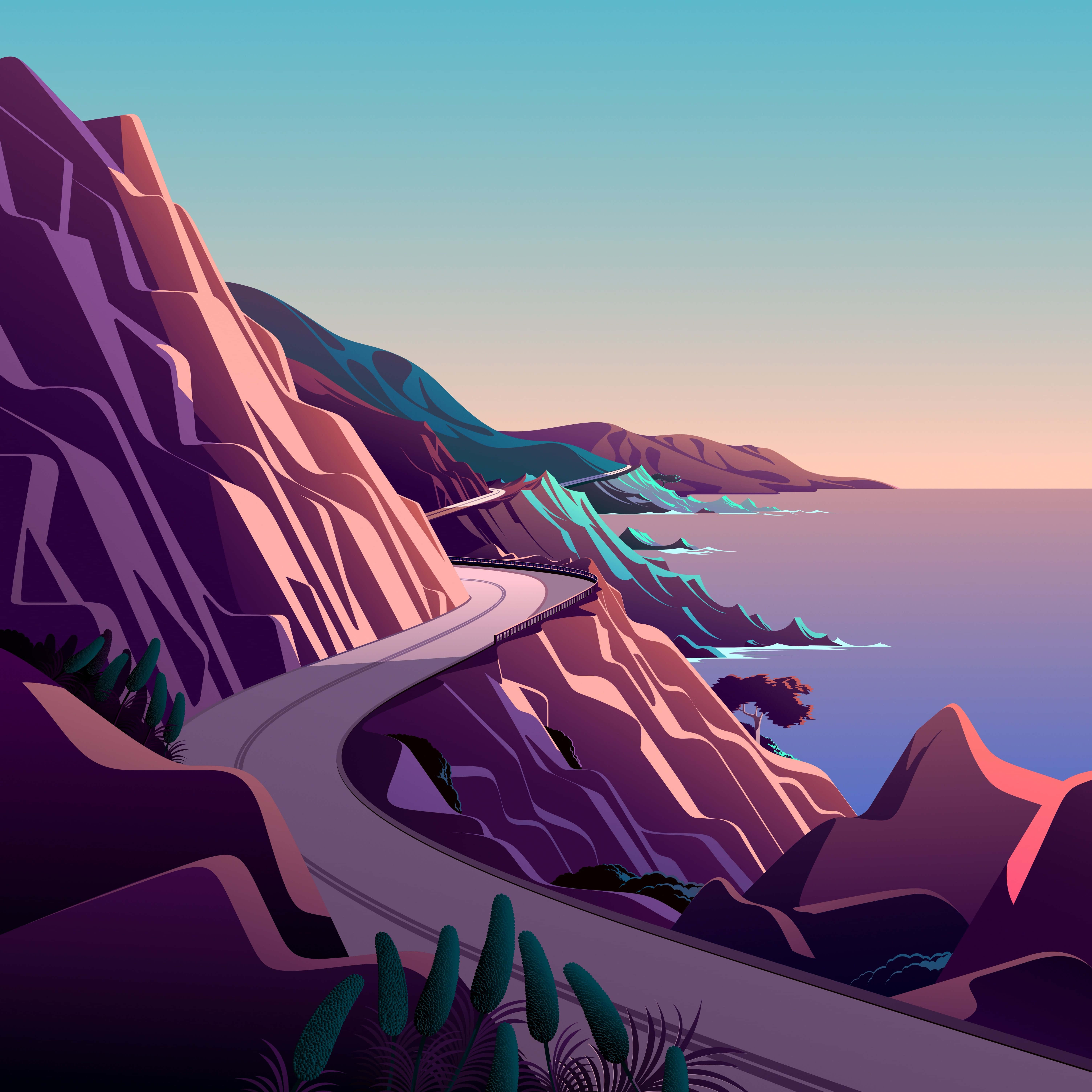Big Sur 桌布 壁紙 — 一條蜿蜒的海岸公路在日落時分擁抱著戲劇性的懸崖，呈現紫色、粉紅色和藍綠色的色調。
