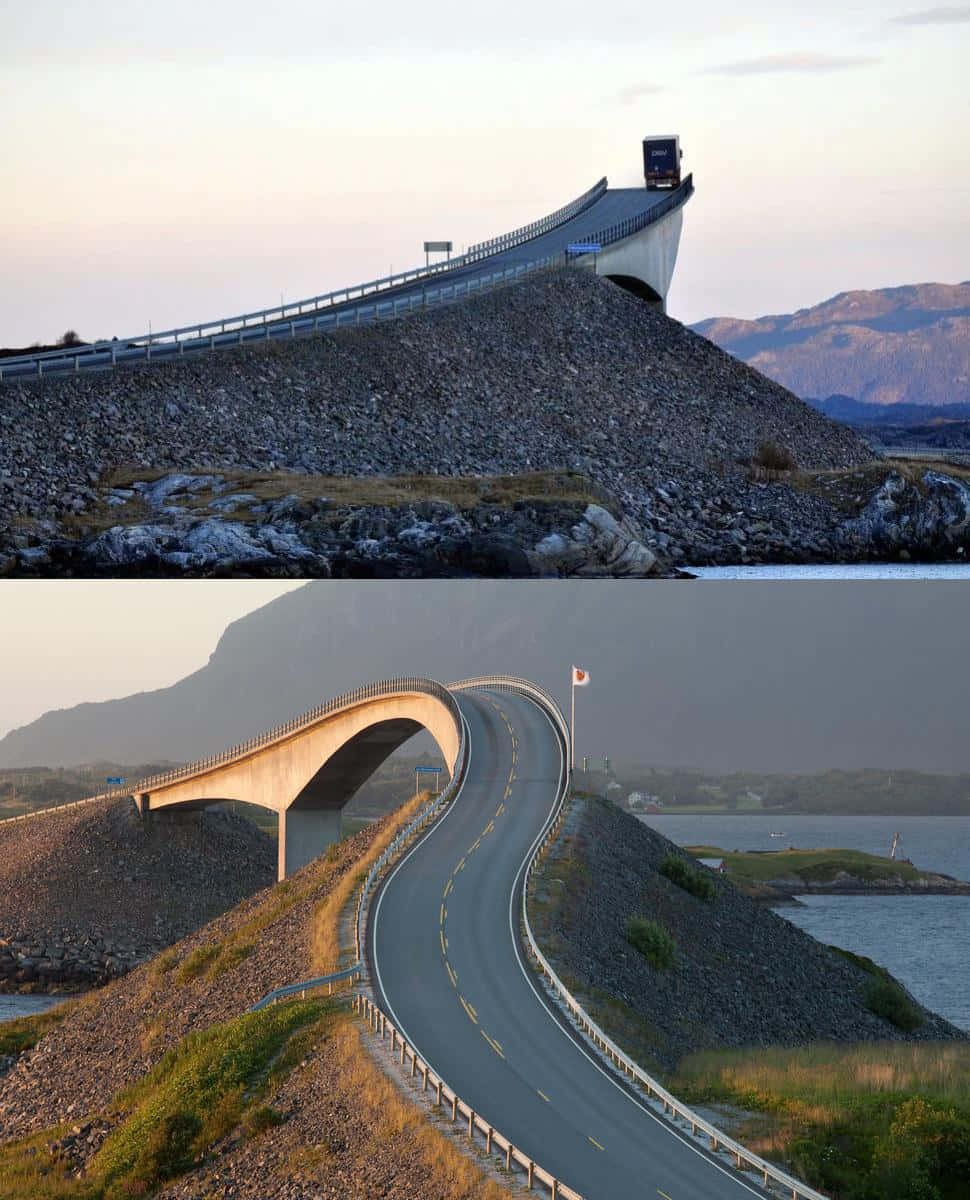 Road 桌布 壁紙 — 一條蜿蜒的海岸道路在岩石地形上戲劇性地彎曲，一輛卡車在日落時分駛上一座陡峭的橋樑。