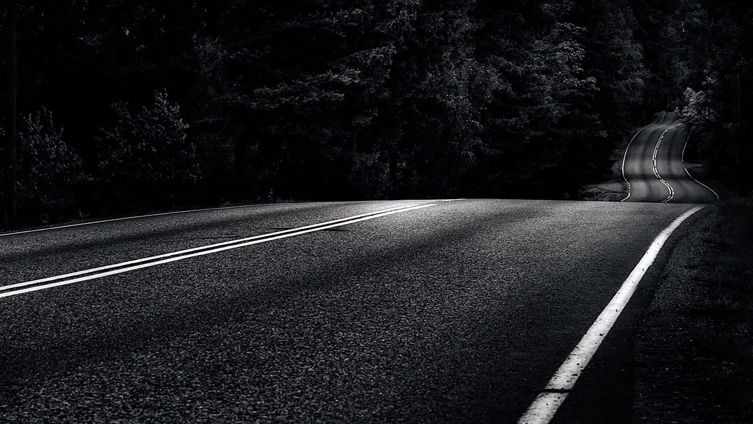 Dark Road 桌布 壁紙 — 一條蜿蜒的瀝青路在陰鬱的黑白燈光下穿過茂密的森林，彎曲進入黑暗。