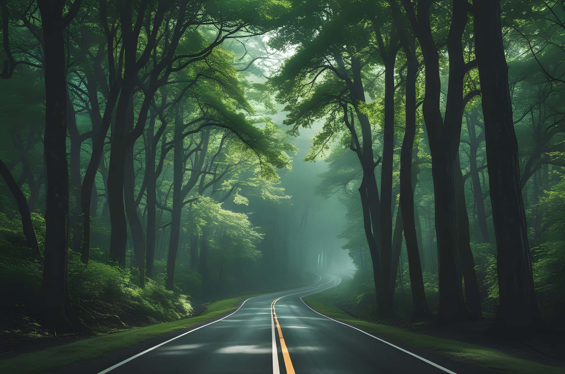 The jangle path 壁紙 — 一條蜿蜒的瀝青路穿過濃密霧氣森林，高聳的綠樹和斑駁的陽光透過樹冠灑落。