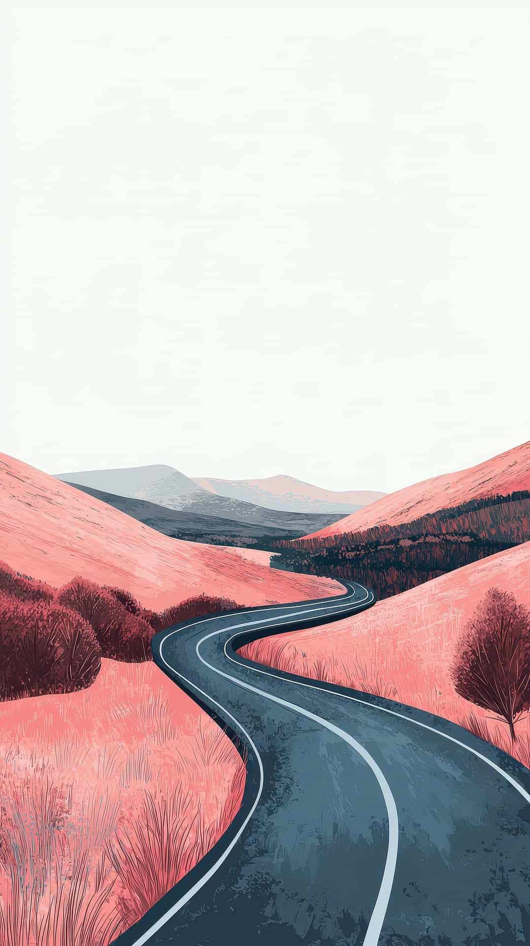 Winding road through pink-toned rolling hills in a dreamy landscape 壁紙 — 一條蜿蜒的瀝青路穿過粉紅色的山丘，在蒼白的天空下，遠處有山脈。