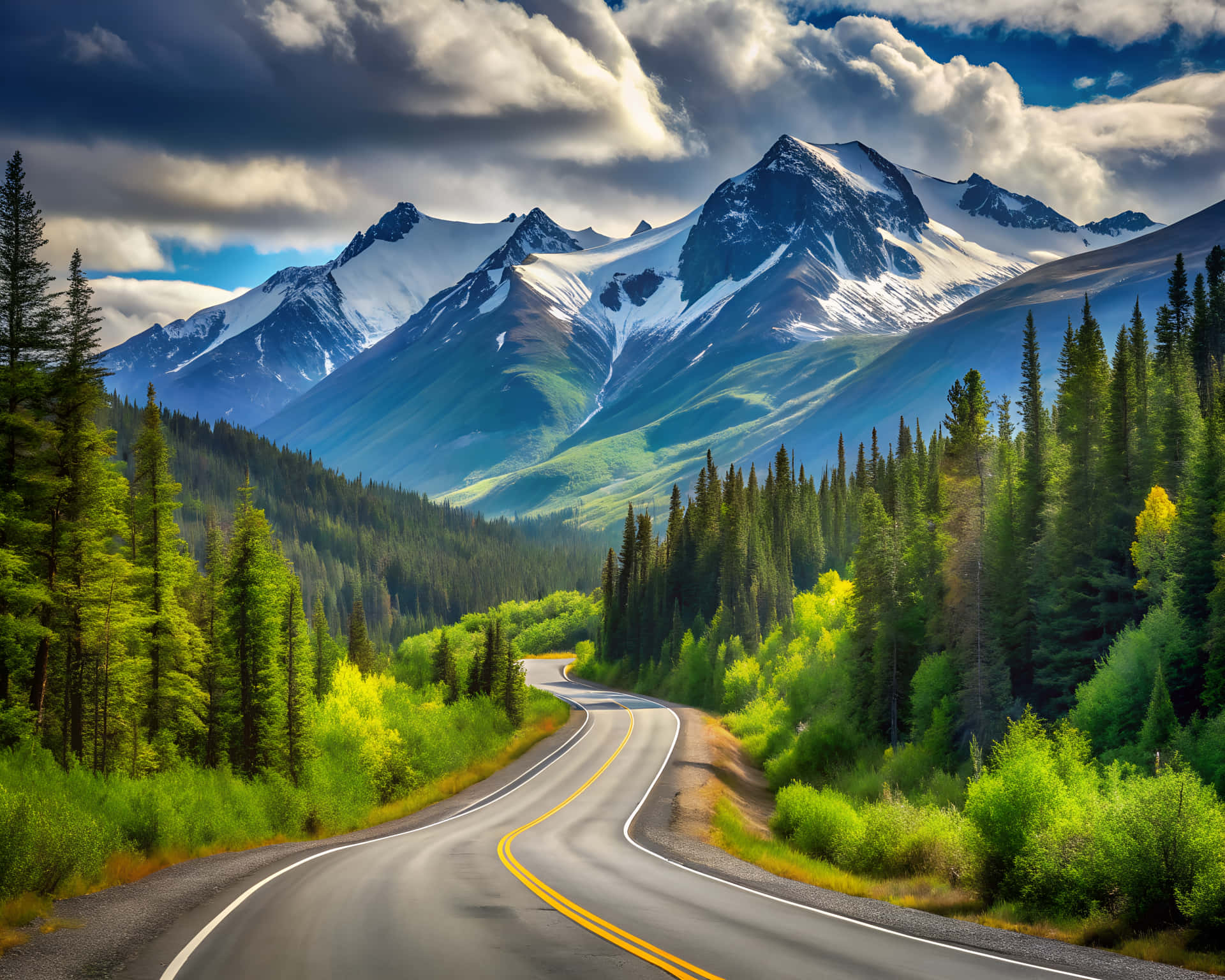 Asphalt road between the mountains 壁紙 — 一條蜿蜒的瀝青道路穿過茂密的綠色森林，在戲劇性的多雲天空下通往積雪覆蓋的山脈。