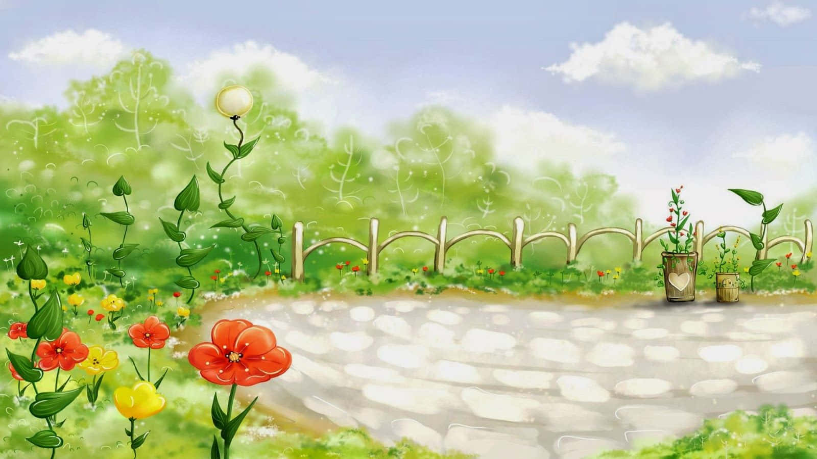 Gardening 桌布 壁紙 — 一條蜿蜒的石徑穿過一個充滿活力的花園，花園裡有紅色和黃色的花朵，在柔和的藍天下有蓬鬆的雲朵。