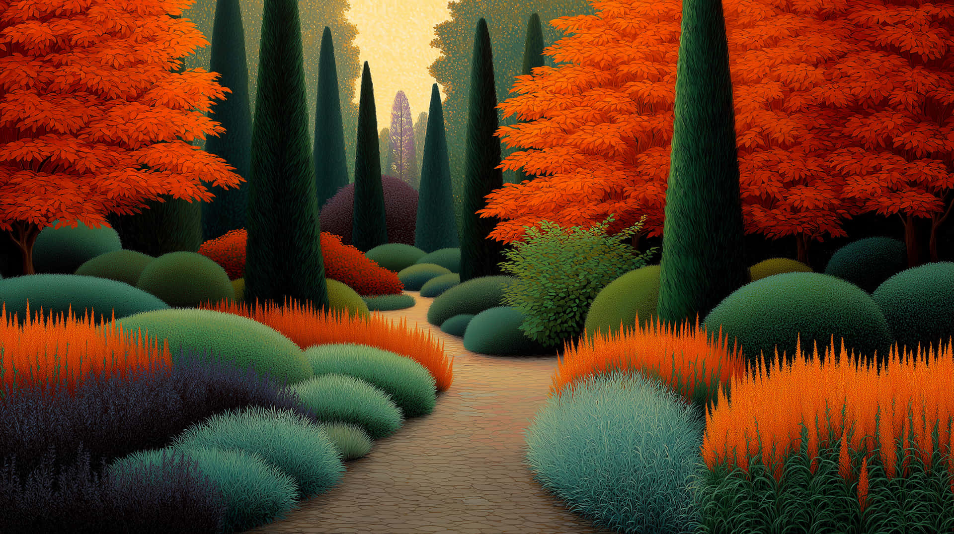 Vibrant Autumn Garden Path with Conical Trees 壁紙 — 一條蜿蜒的石徑穿過一個超現實的花園，園中有火紅的橙樹和翠綠的灌木，上方是溫暖的金色天空。
