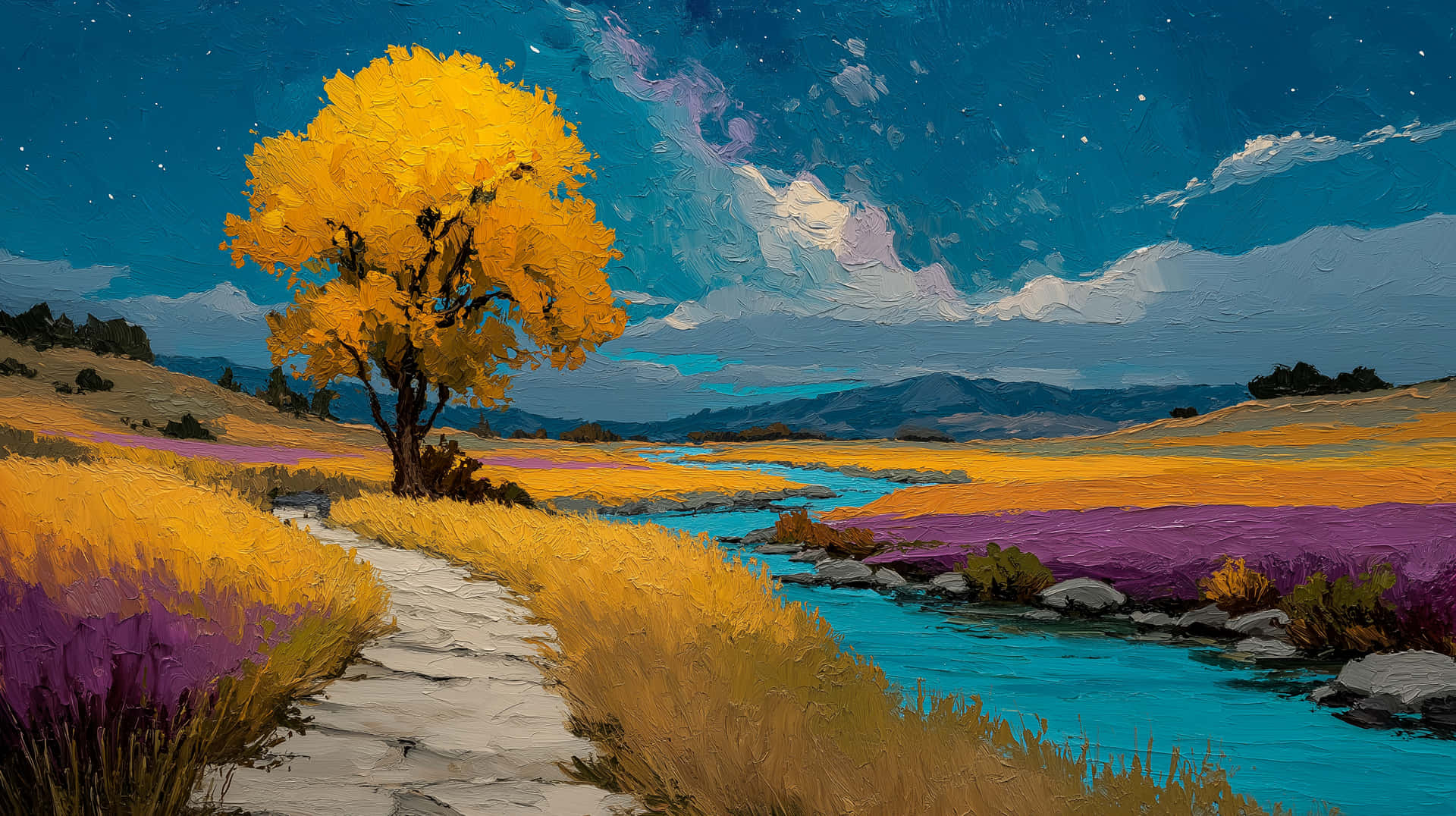 Whimsical Starry Night Landscape with Vivid Yellow Tree 壁紙 — 一條蜿蜒的石徑穿過一棵充滿活力的黃樹，通向一條在星空下穿過紫色和金色野花田的綠松石河流。