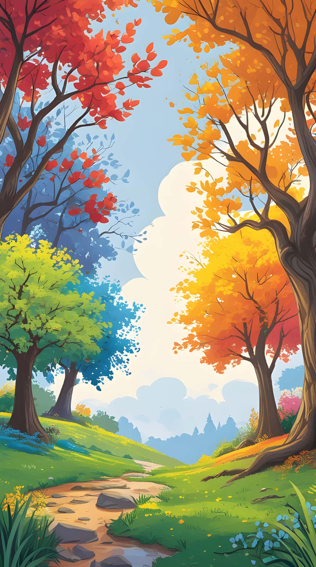 A beautiful natural view 壁紙 — 一條蜿蜒的石徑穿過充滿活力的森林，樹木展現出紅色、橙色、黃色和綠色的樹葉，在明亮的藍天下有蓬鬆的白雲。