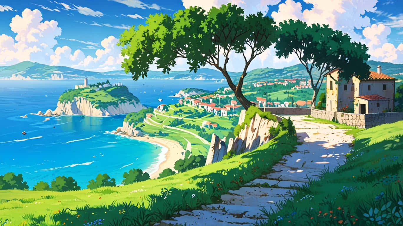 Italy island Animated 壁紙 — 一條蜿蜒的石徑穿過充滿活力的綠色山丘，通往一個擁有陶土屋頂的沿海村莊，俯瞰著碧綠的海水和遠處的島嶼。