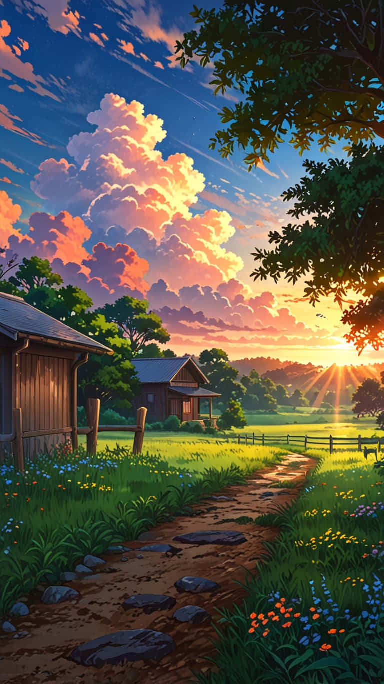 Serene Sunset Countryside 壁紙 — 一條蜿蜒的石徑穿過充滿活力的草地，通往質樸的木屋，天空佈滿粉紅、橙色和藍色的雲彩，呈現戲劇性的日落景象。