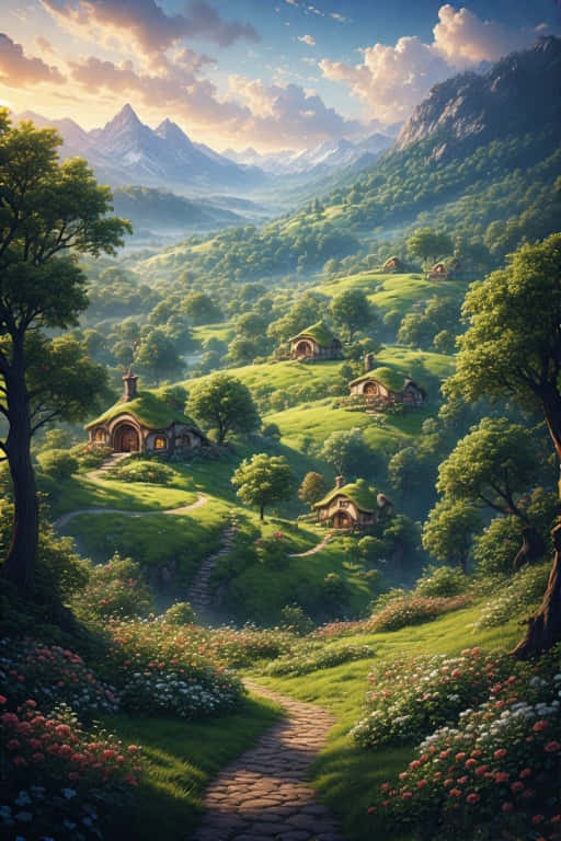 Hobbiton Hills and Hobbit Houses Fantasy 4K 壁紙 — 一條蜿蜒的石徑穿過充滿活力的草地，通往坐落在起伏的綠色山丘上的舒適小屋，上方是金色的日落天空。